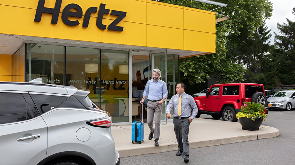 man with suitcase walking out of Hertz towards new car rental