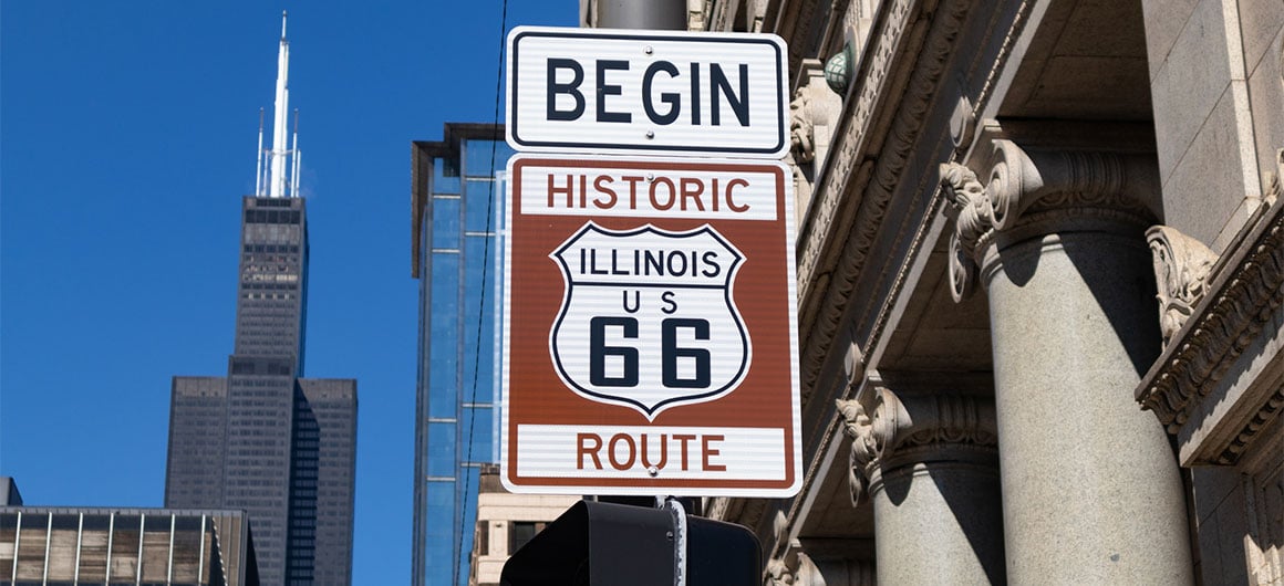 The sign for the start of the historic route 66 highway in downtown Chicago