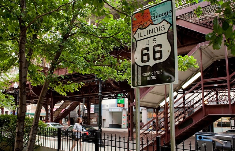 Horizontal shot of the Route 66 starting point sign in Adams St with the Loop elevated rail in the background