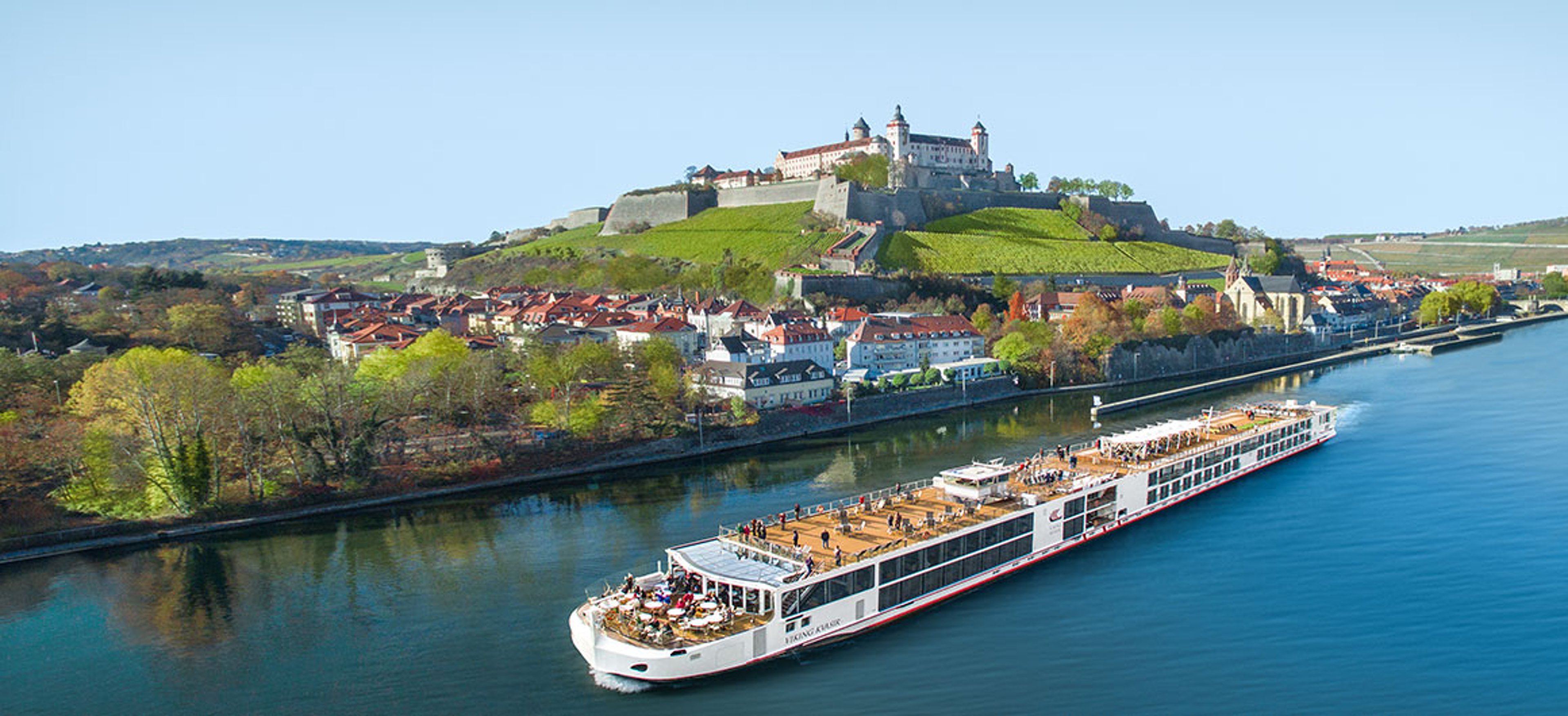 Viking Longship sailing near Marienberg Fortress along the Main River; photo courtesy of Viking