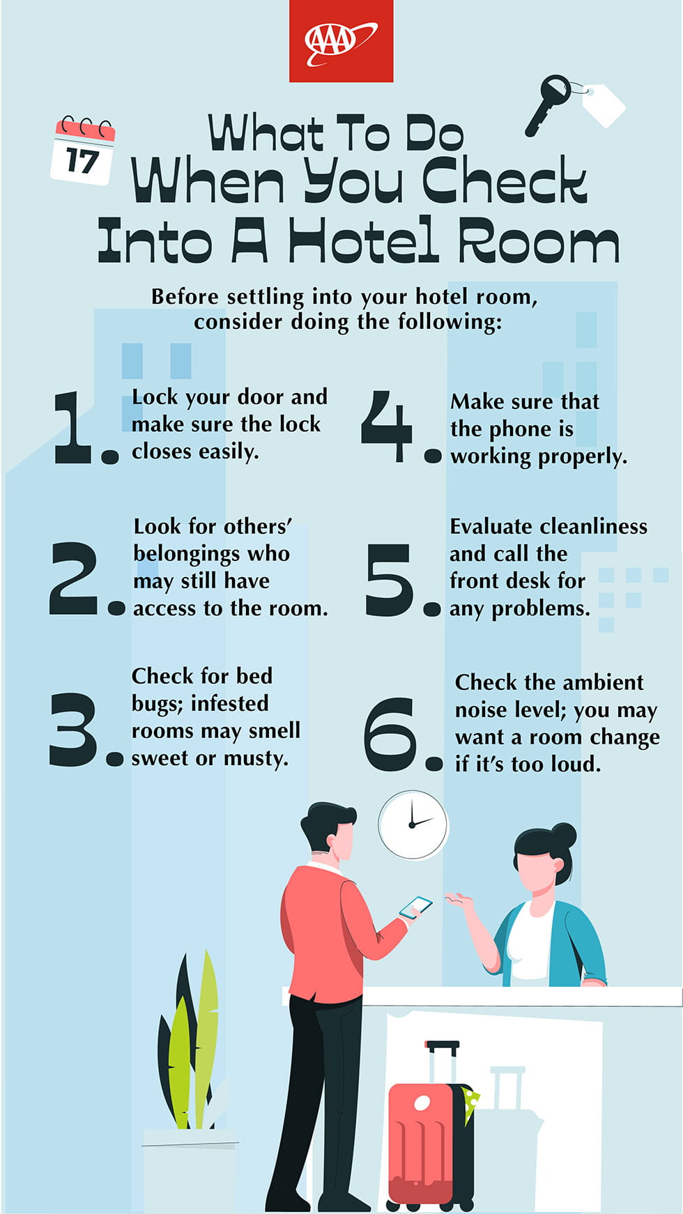 AAA infographic on what to do when you check into a hotel room