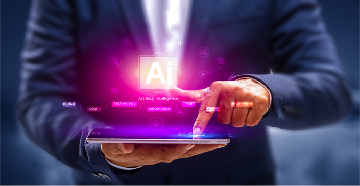 Person interacting with a digital AI interface above a tablet.