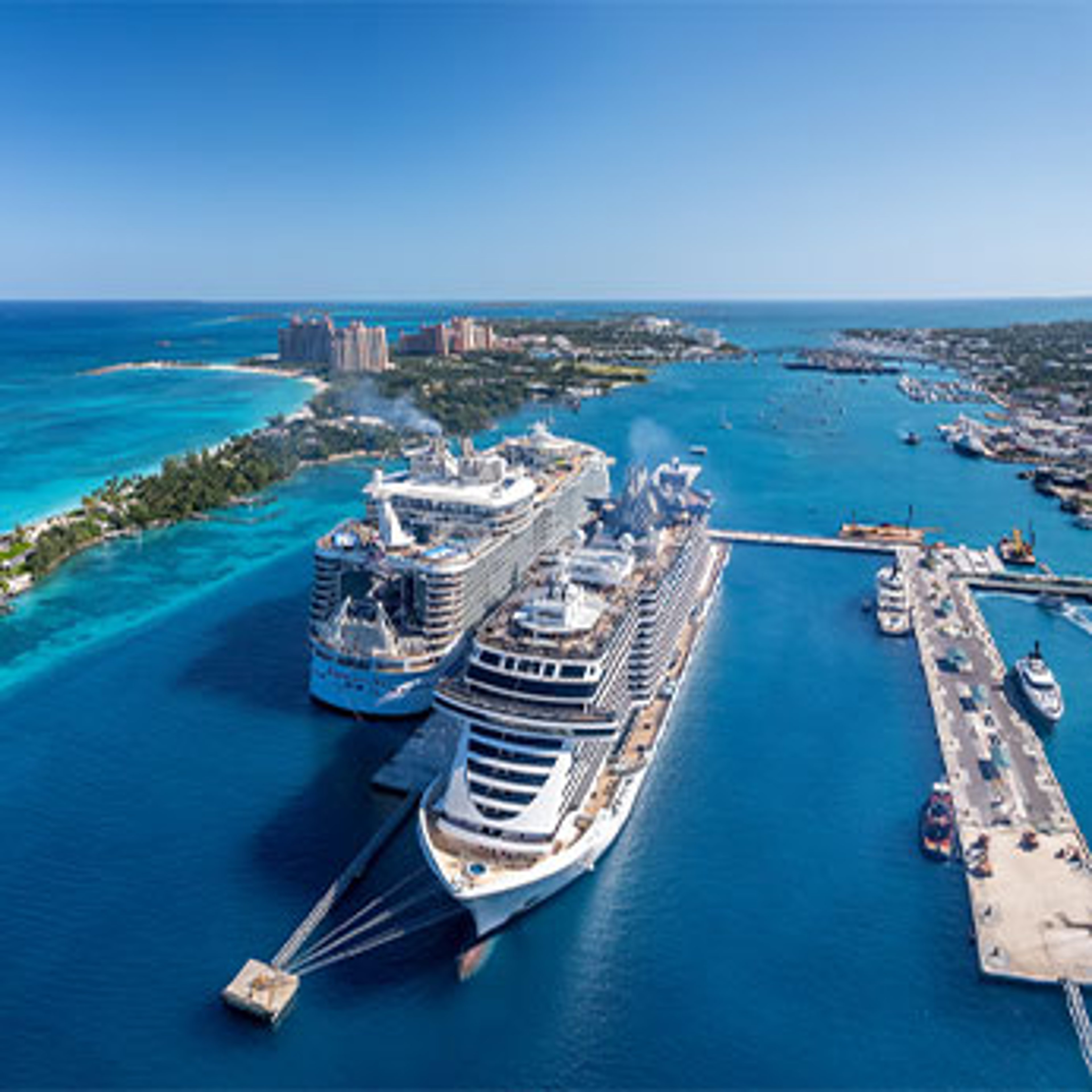 Aerial view of cruise ships at dock