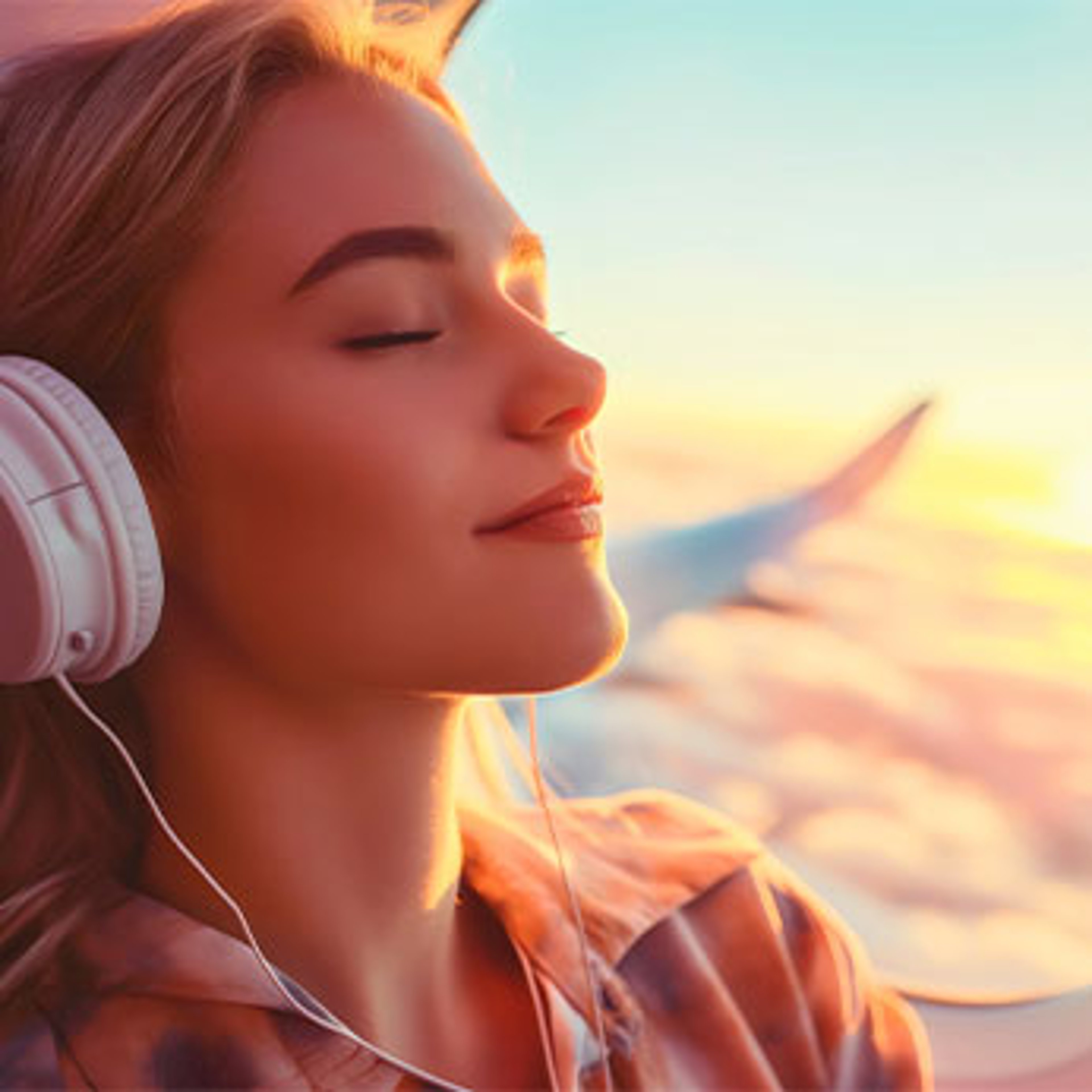 Woman with headphones sitting on plane