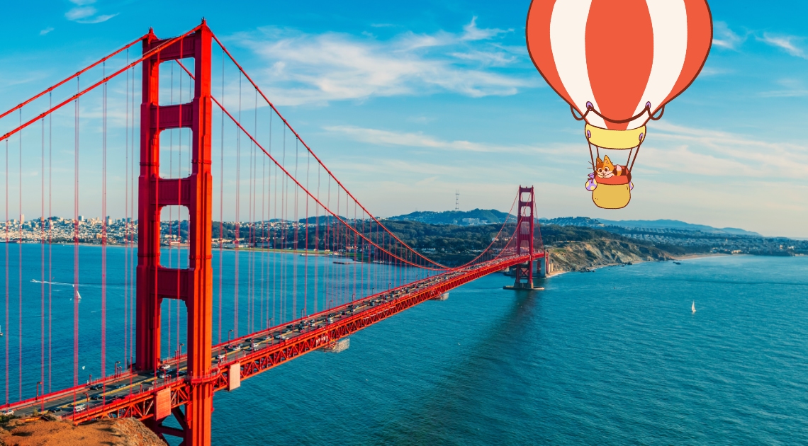 KeeKee in a hot air balloon near Golden Gate Bridge