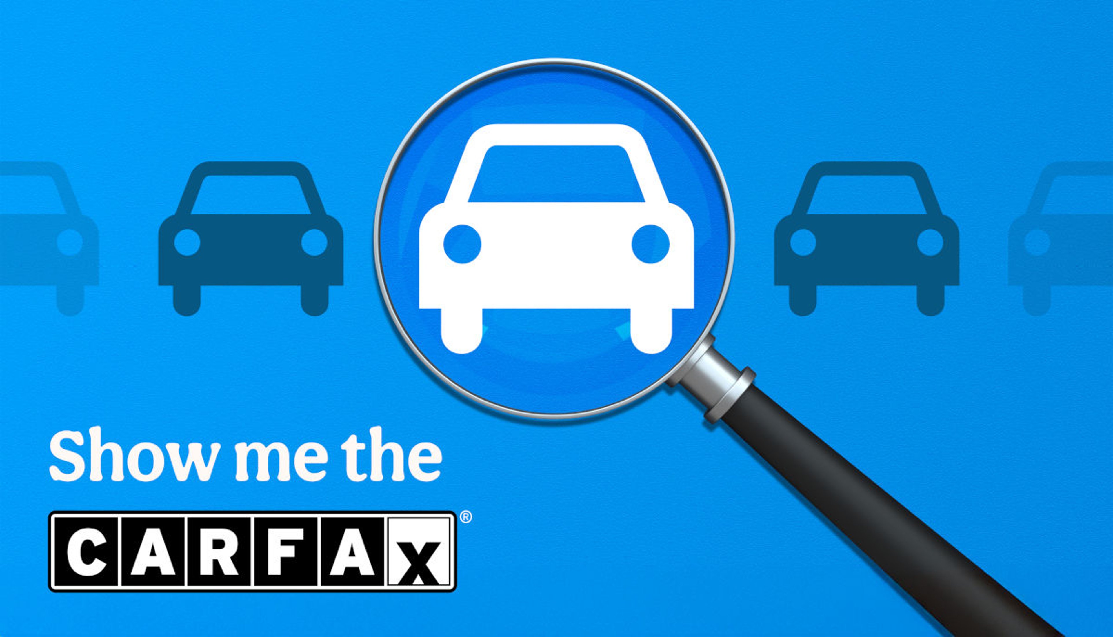 Magnifying glass with icons of cars and Carfax logo with text show me the Carfax