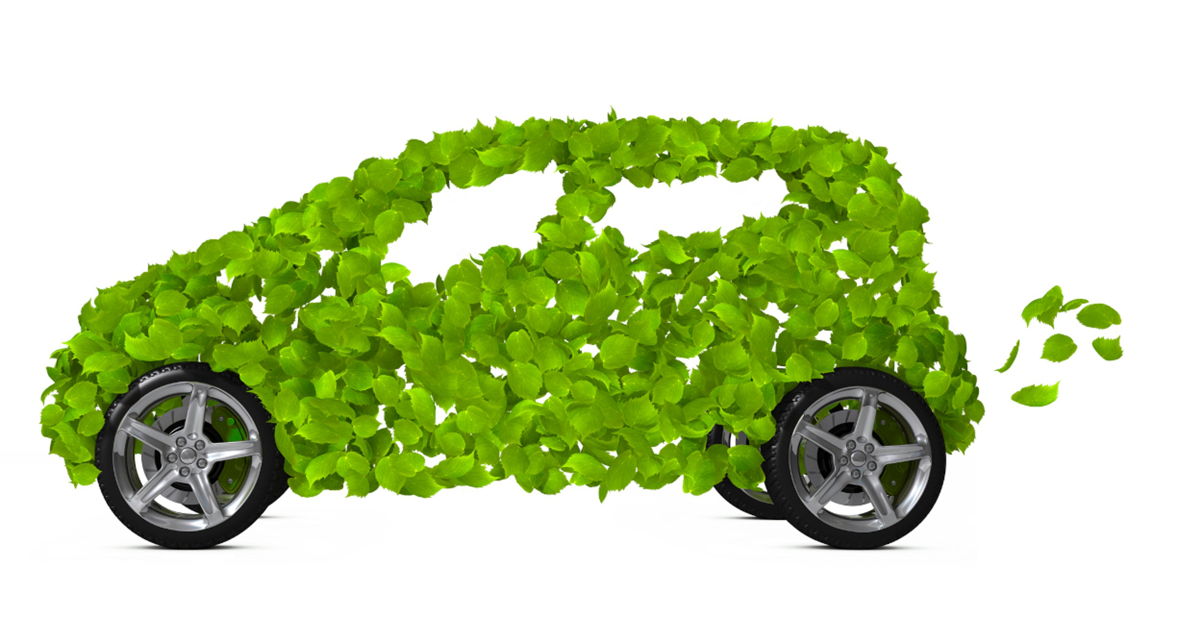 AAA Green Car Guide A green car made up entirely of green leaves set on four tires with fancy chrome wheels