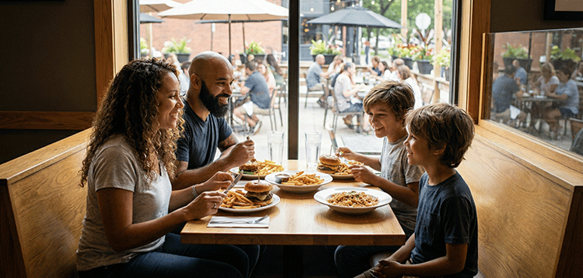 A family of four enjoys a meal in a restaurant booth, with large windows showing an outdoor dining area.