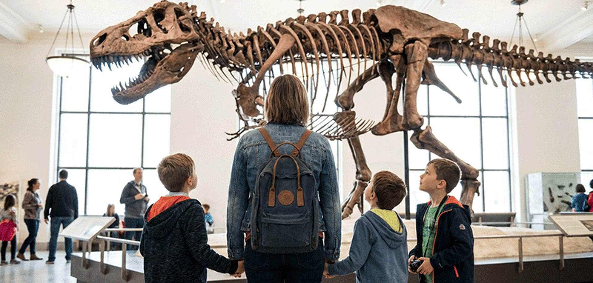 Museum visitors observing a large Tyrannosaurus rex skeleton exhibit.