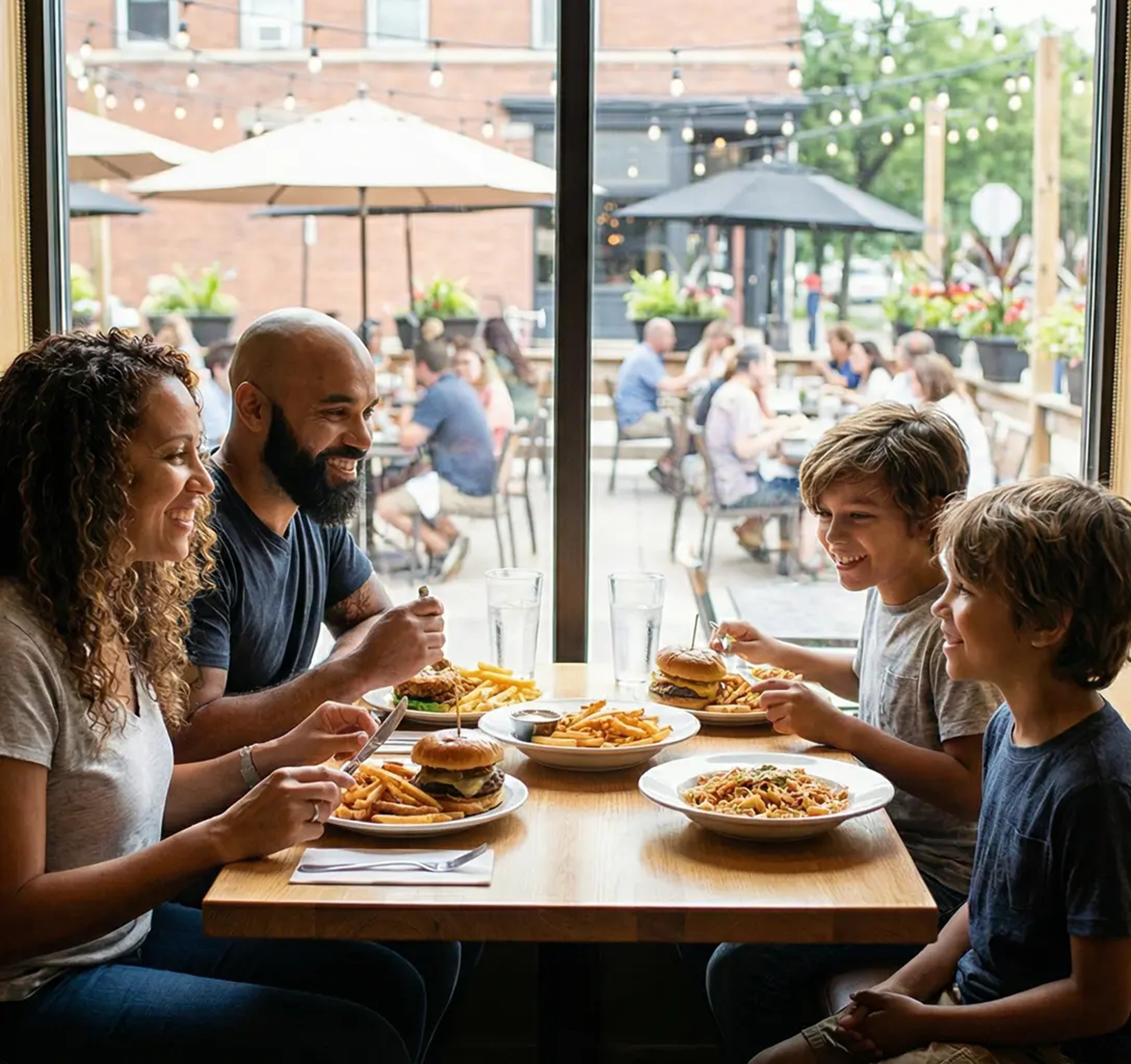 A happy family of four enjoying burgers and pasta at a restaurant table next to a large window overlooking an outdoor patio.