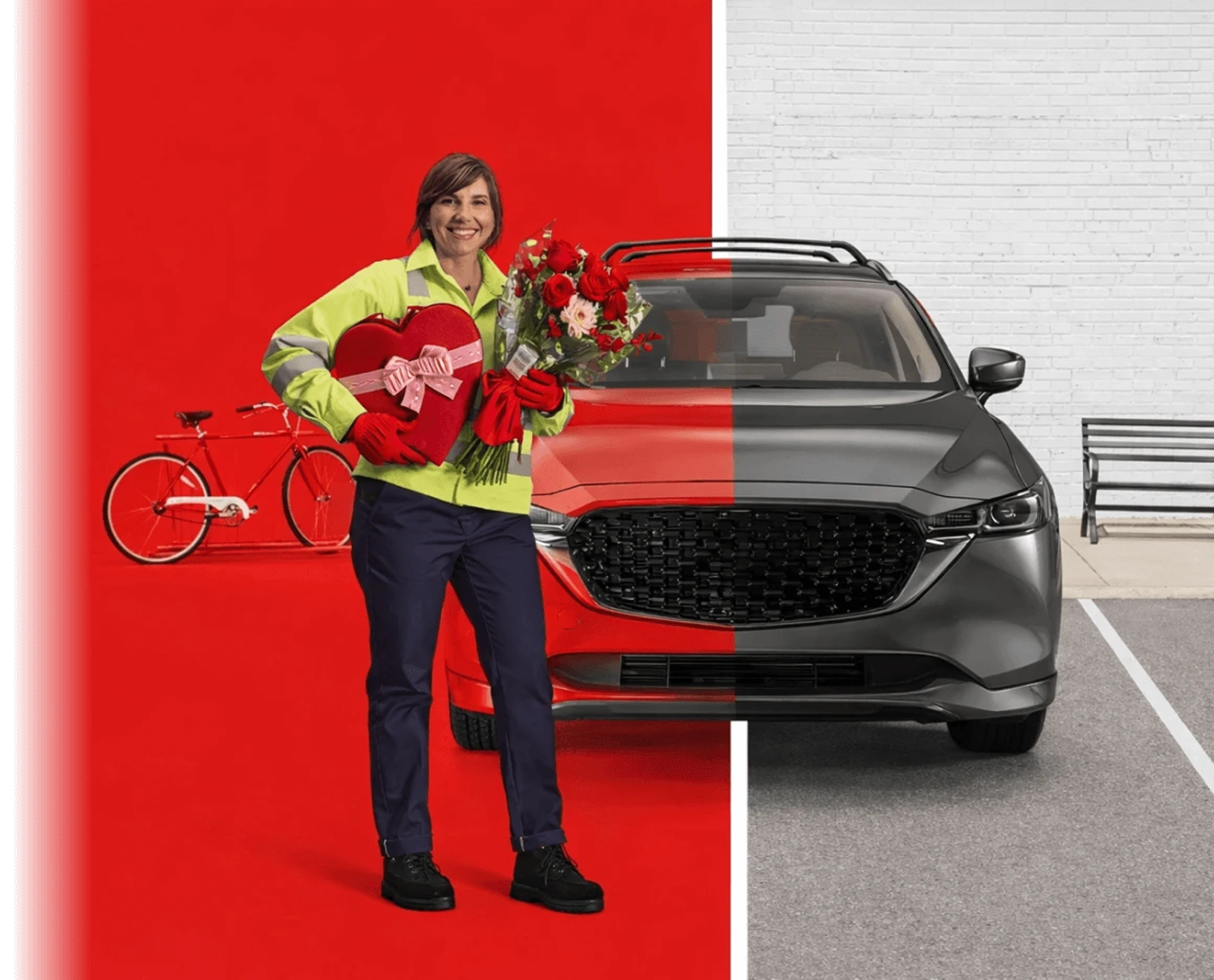 A split-screen image showing a smiling woman holding Valentine's gifts on a red background, transitioning into a realistic grey SUV in a parking lot.