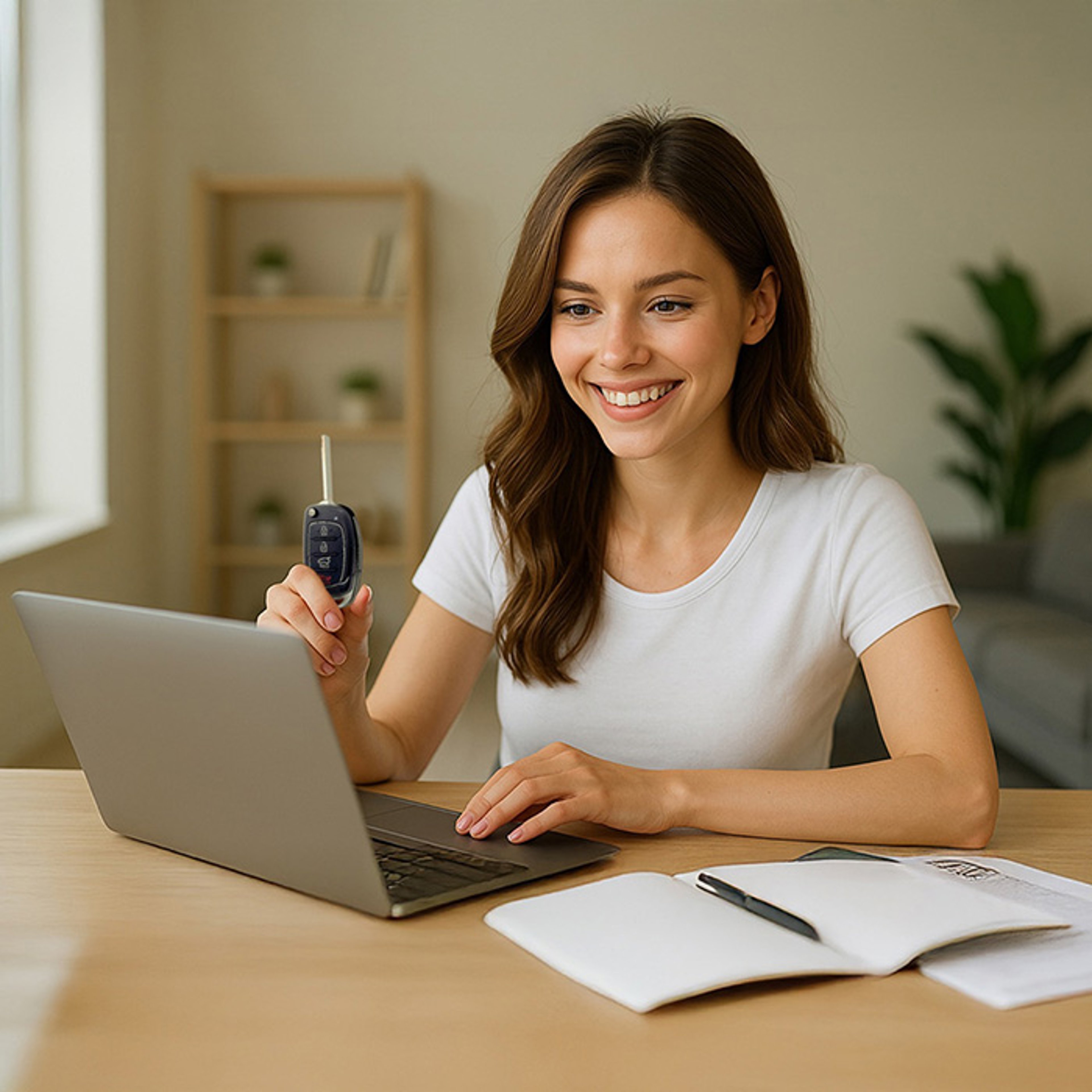 Woman holding car key and smiling as she uses her laptop