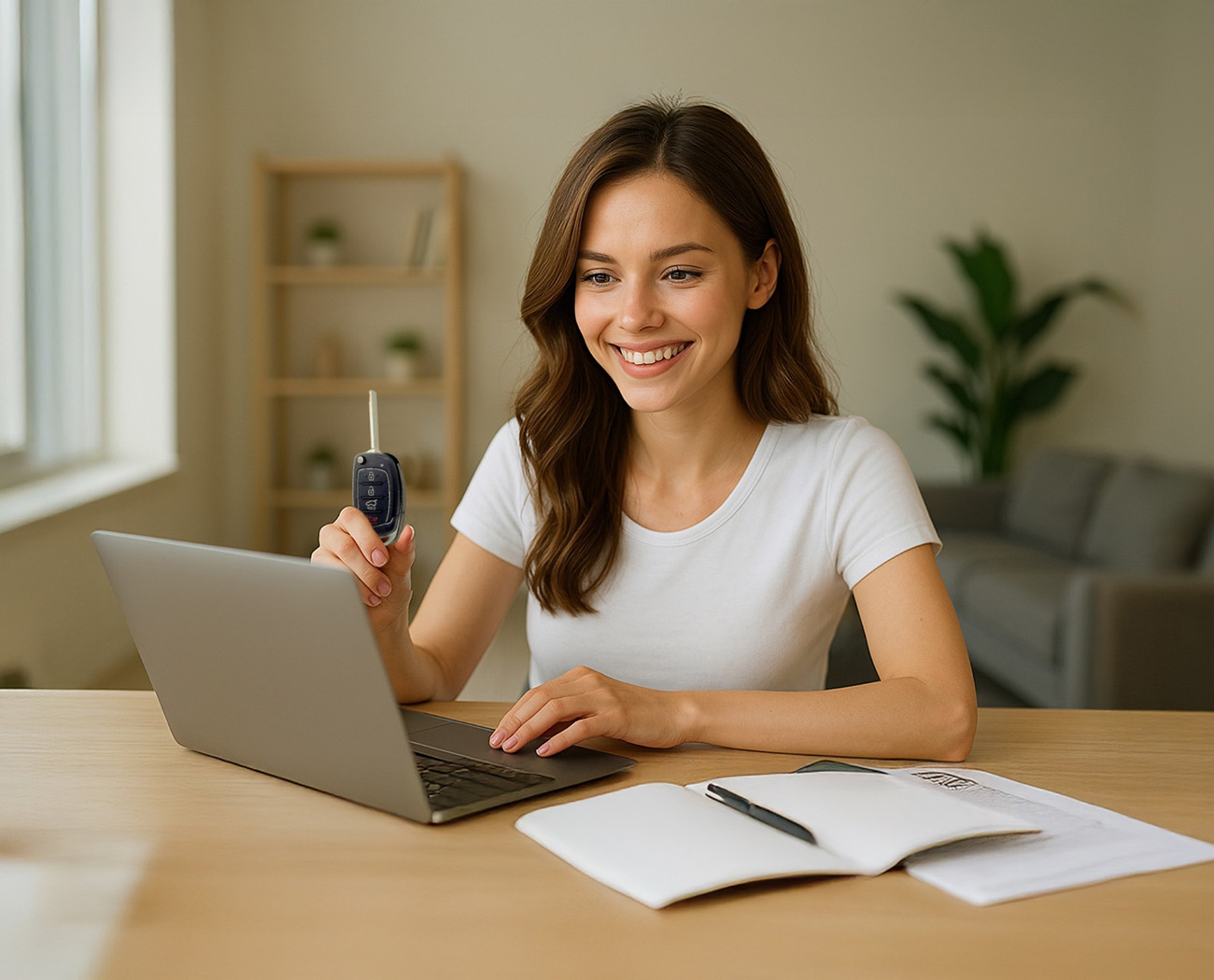 Woman holding car key and smiling as she uses her laptop