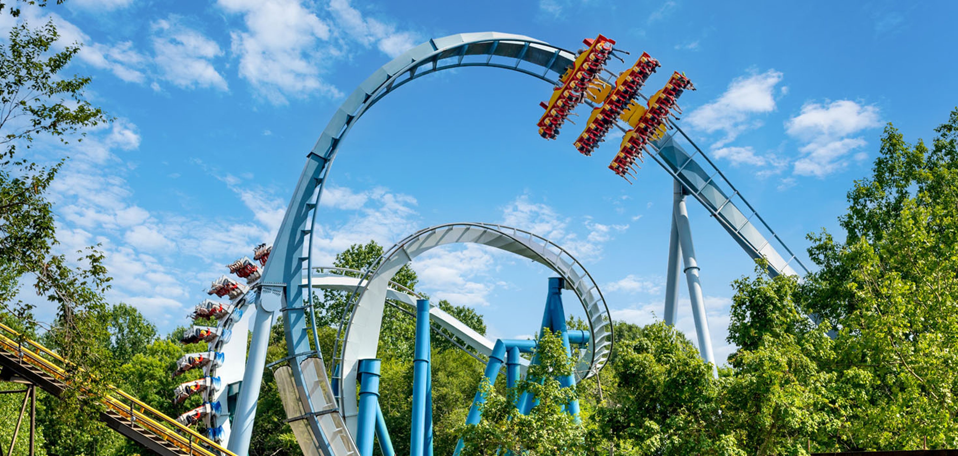 An inversion roller coaster, Alpengeist at Busch Gardens Williamsburg, with a train of riders traveling through a loop against a clear blue sky and green trees.