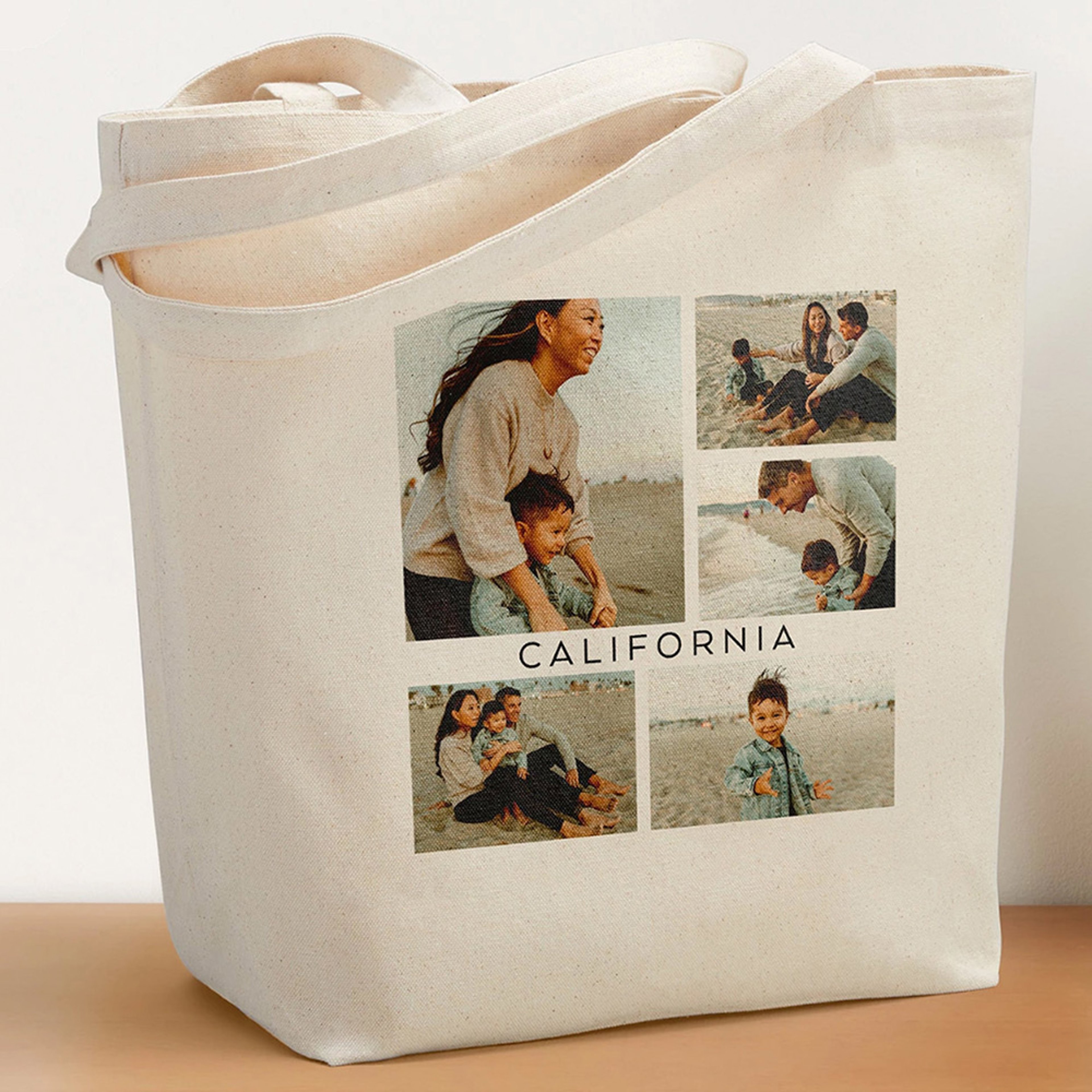 California themed tote bag from Shutterfly with images of woman and her partner enjoying scenery on vacation