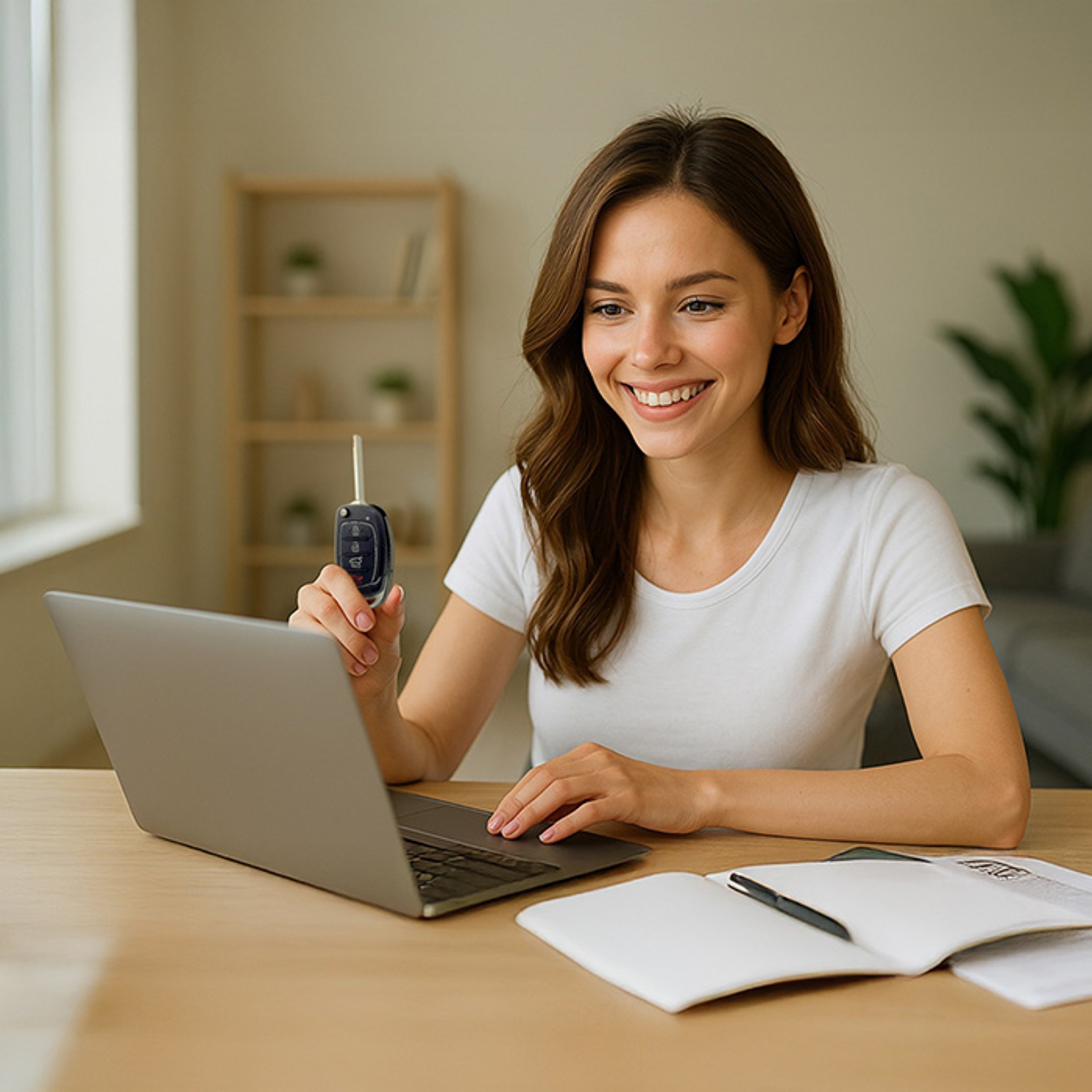 Woman holding car key and smiling as she uses her laptop