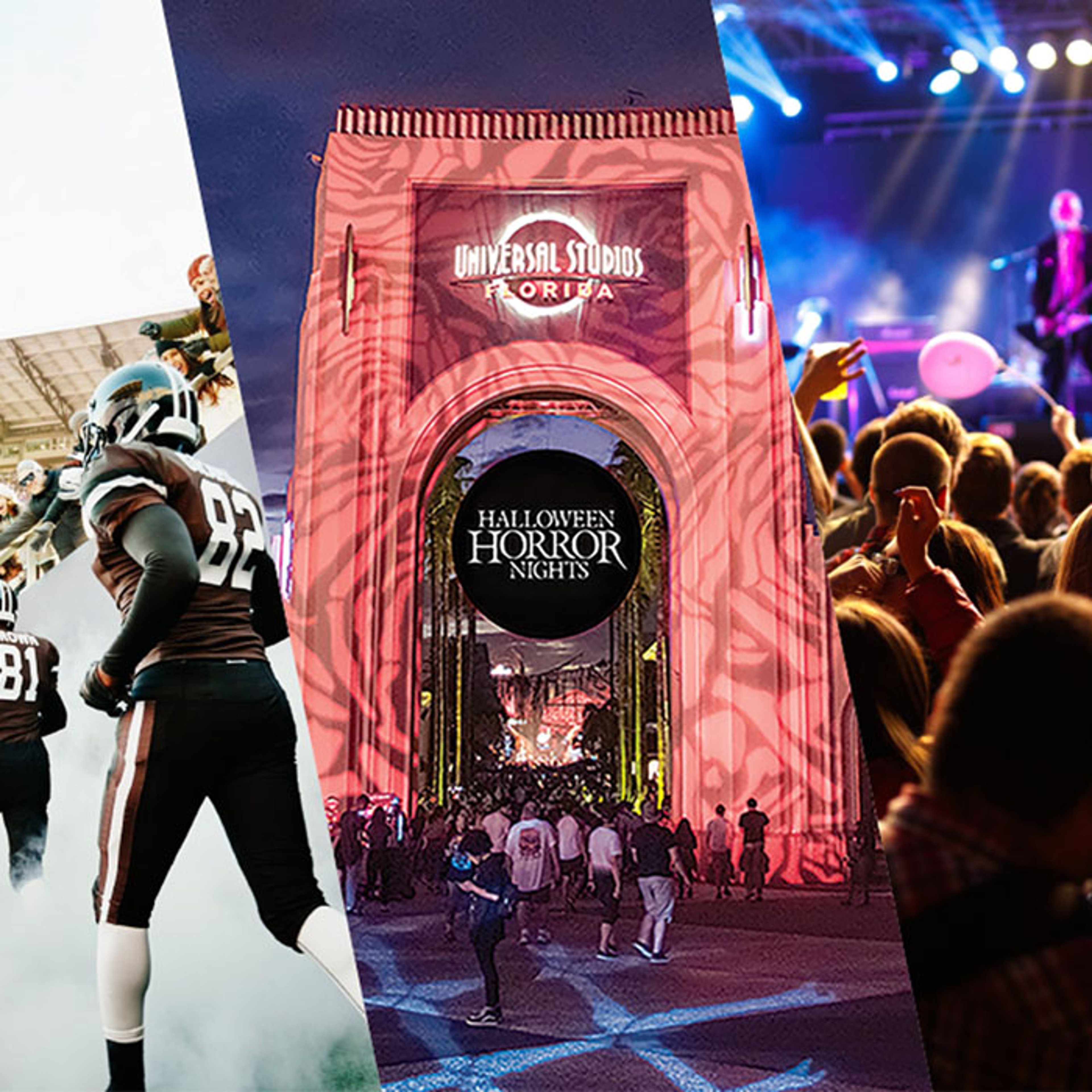 Collage of football game, entrance of Universal Studios Orlando at night, and concert