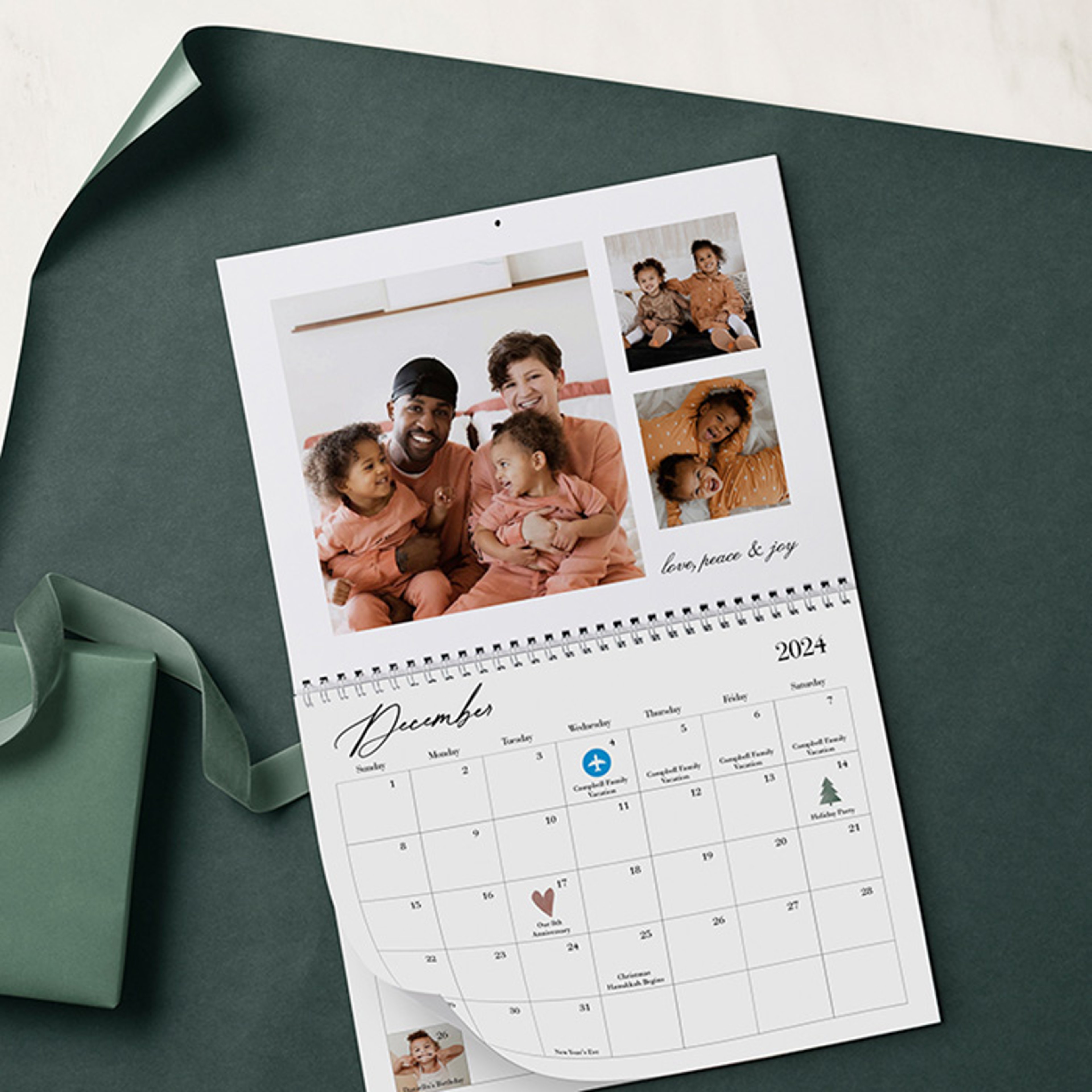 Custom calendar against dark green backdrop