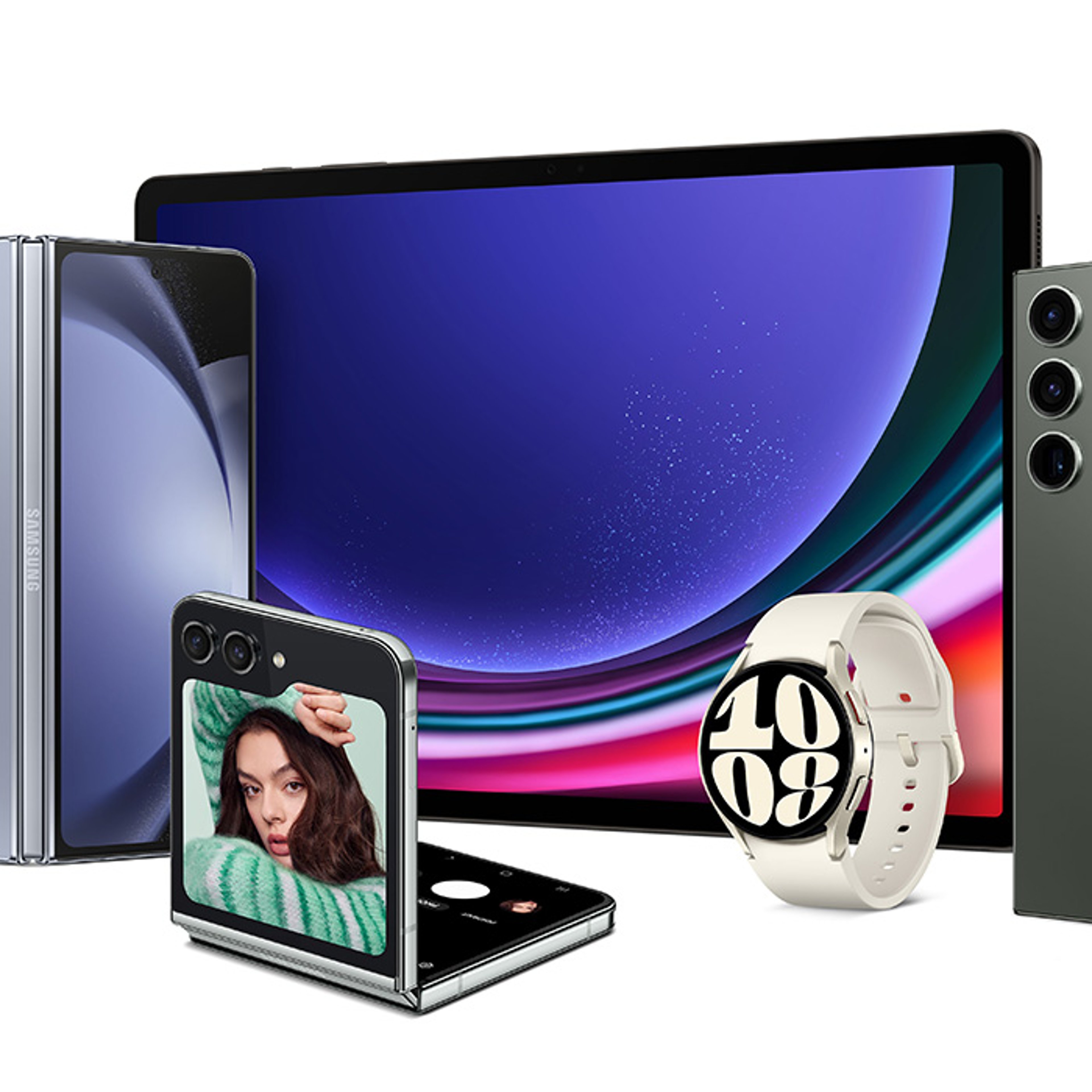 Various Samsung branded devices including tablets, watch, and mobile phone