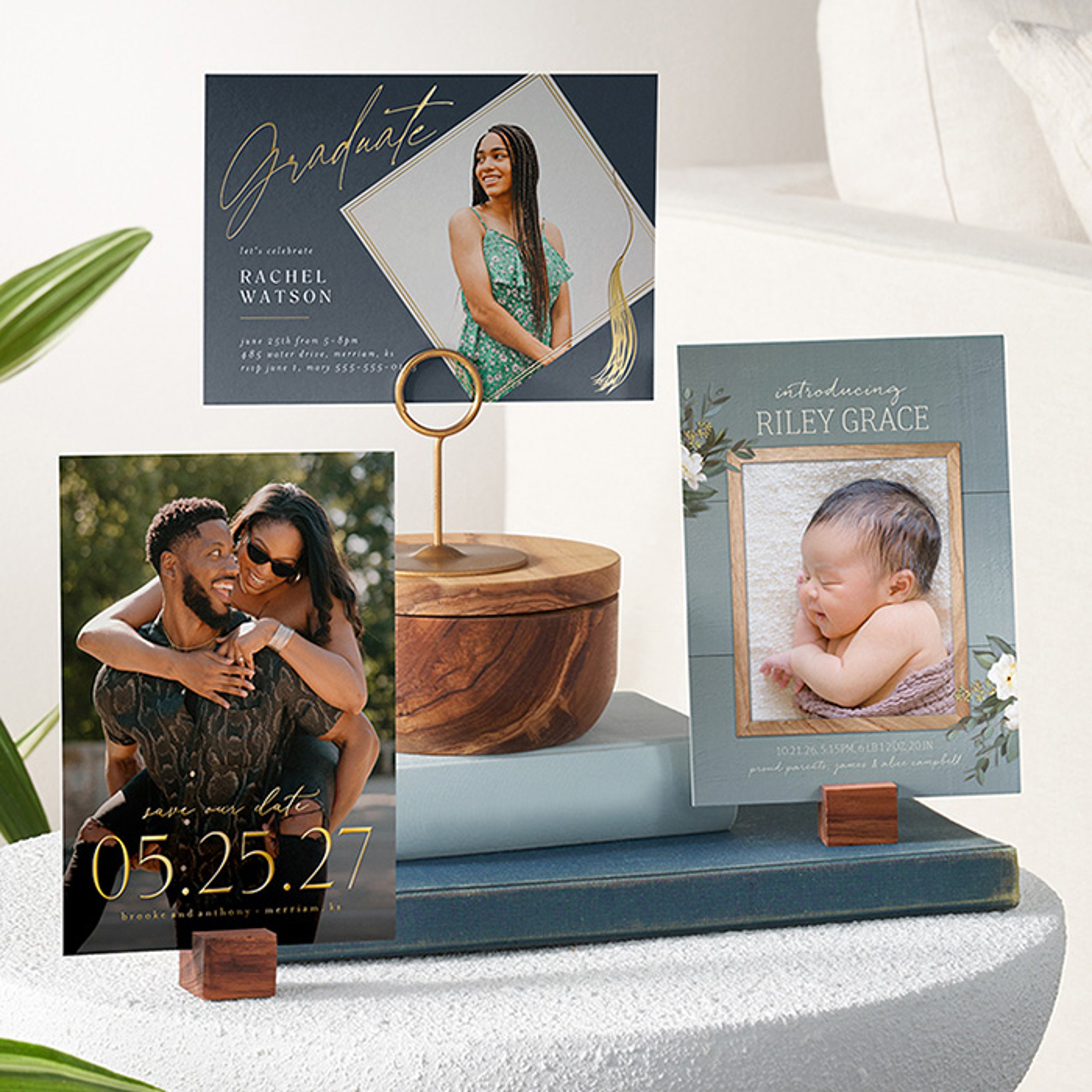 Display featuring a variety of Shutterfly calendars and items with personal pictures