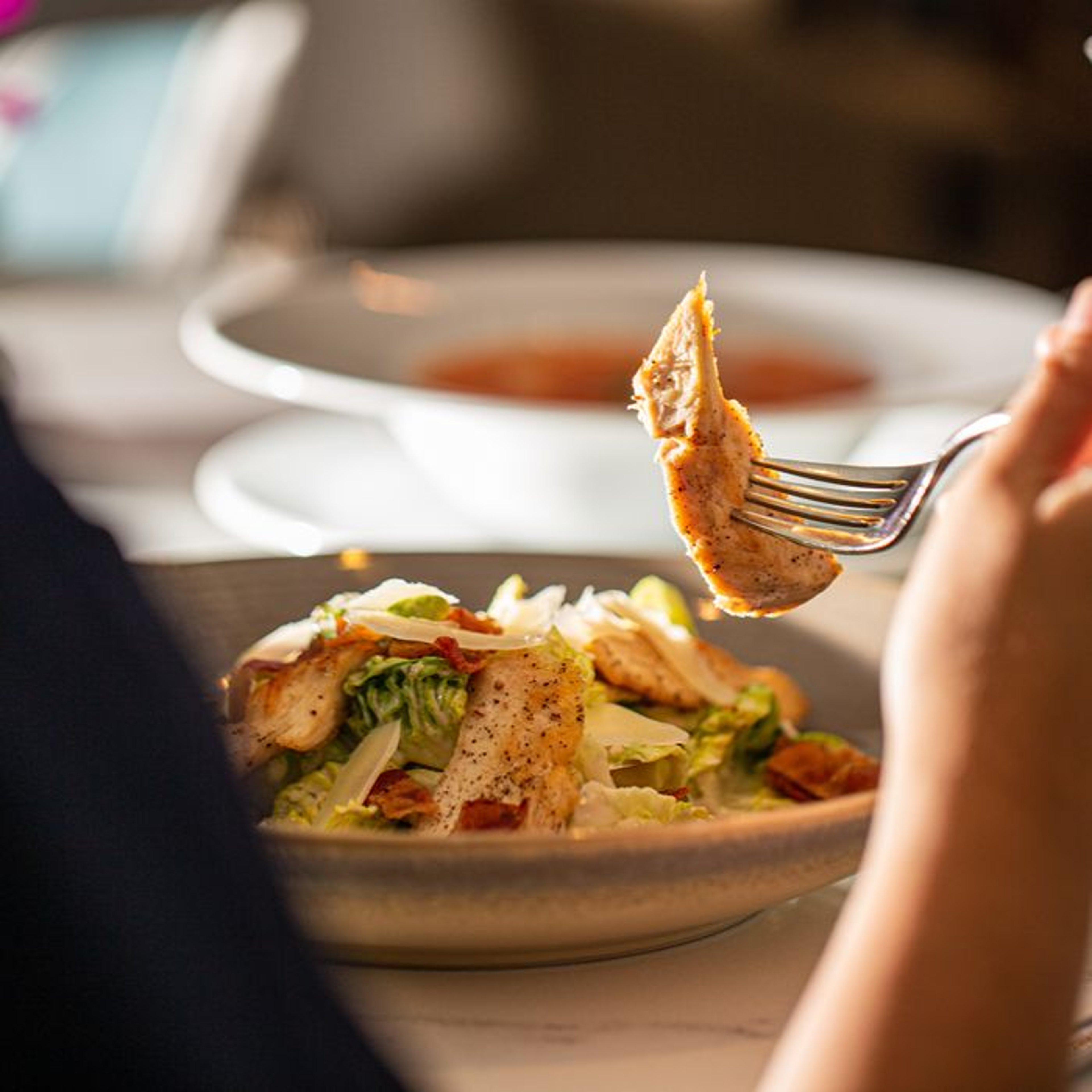 A hand holding a fork with grilled chicken over a vibrant salad in a round bowl. A soup dish is partially visible in the background.