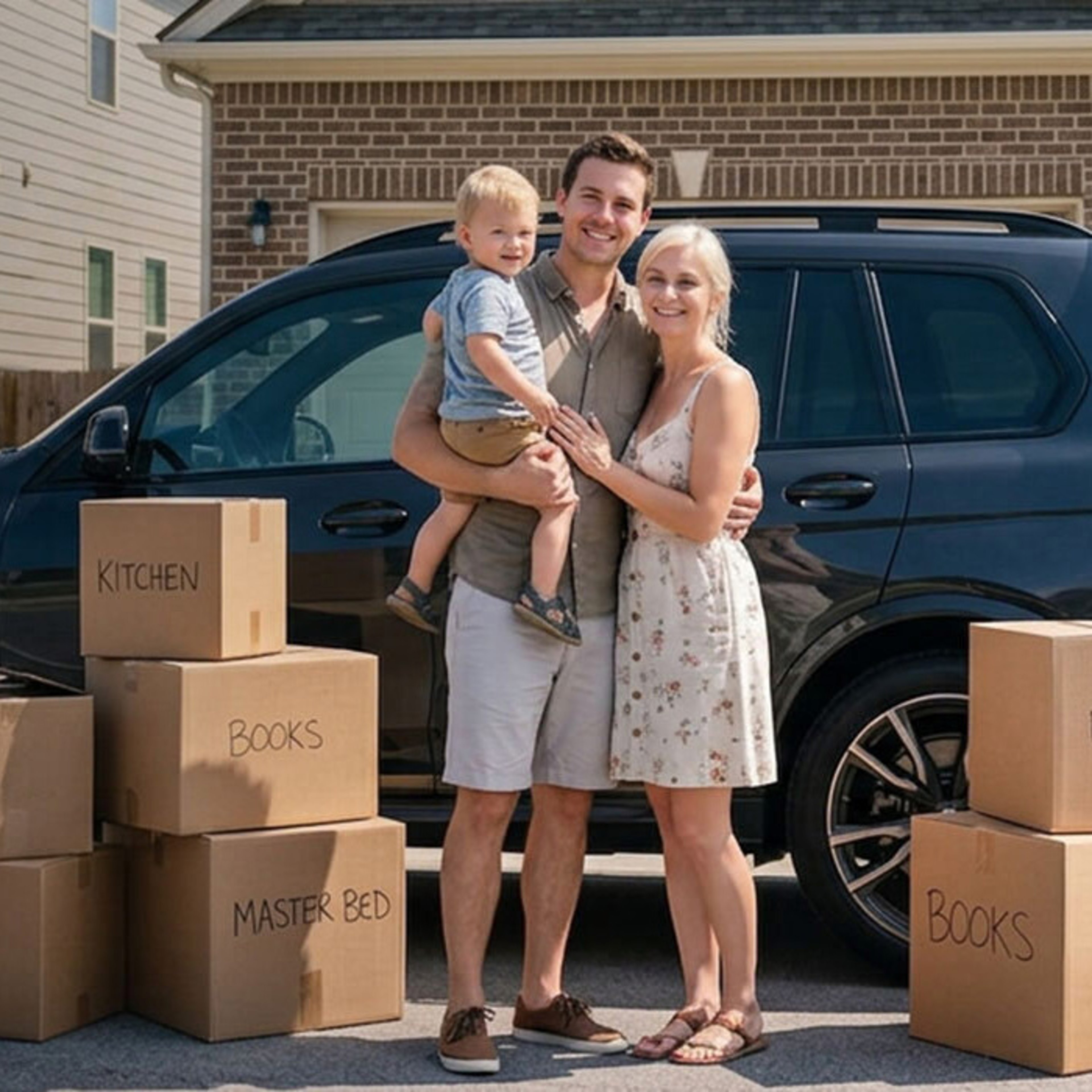 Family standing beside a vehicle with moving boxes outside a home.
