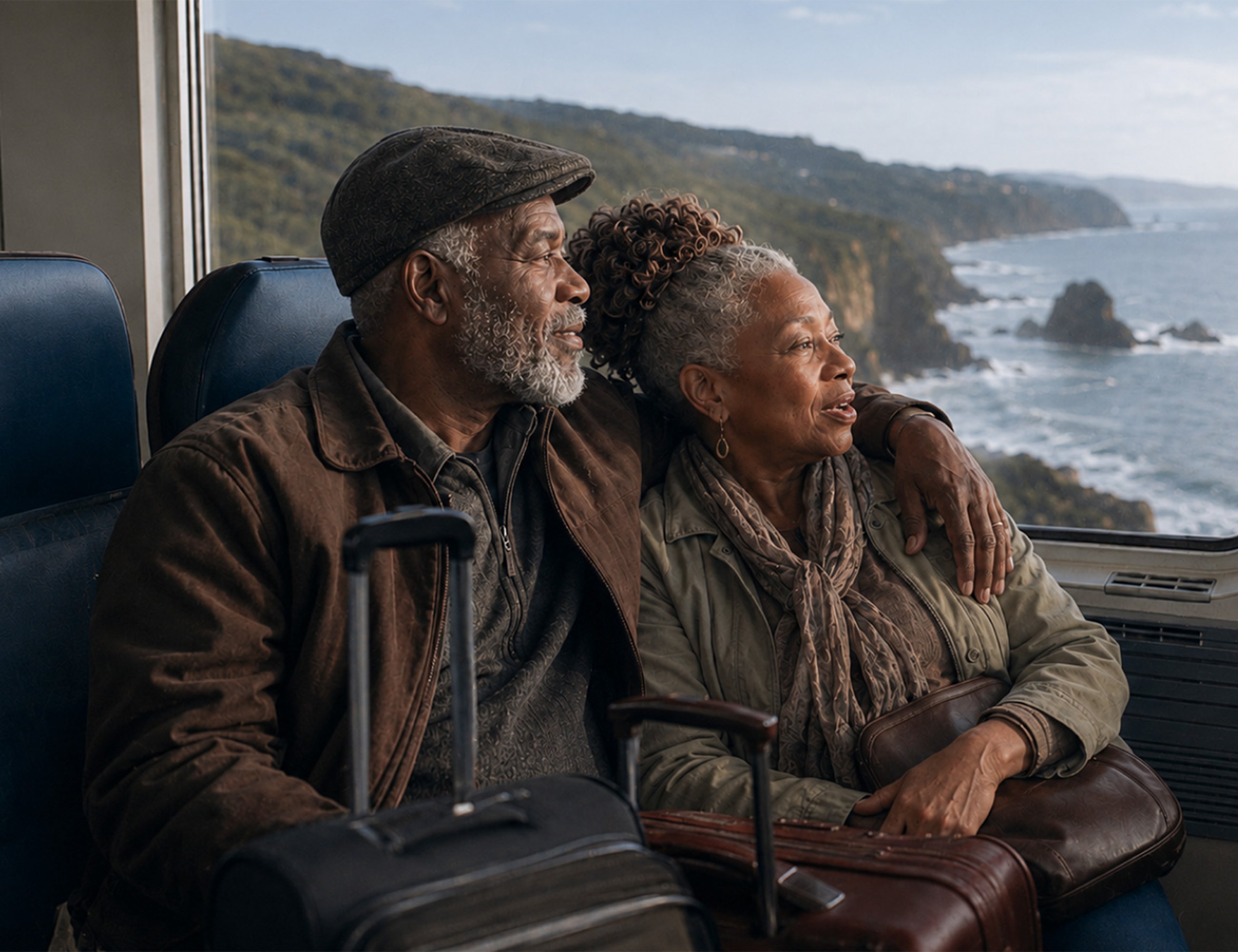 An elderly couple sitting together on a train, embracing each other, with a scenic coastal view outside the window.