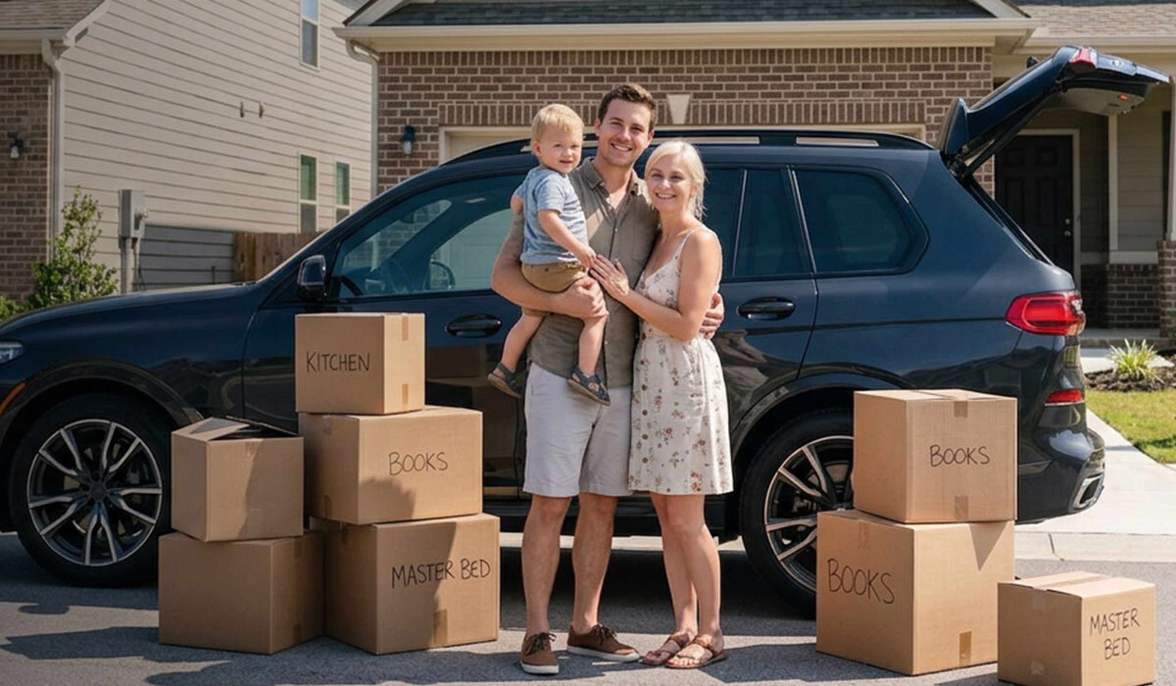 Family standing beside an SUV with its rear hatch open, surrounded by labeled moving boxes outside a house.