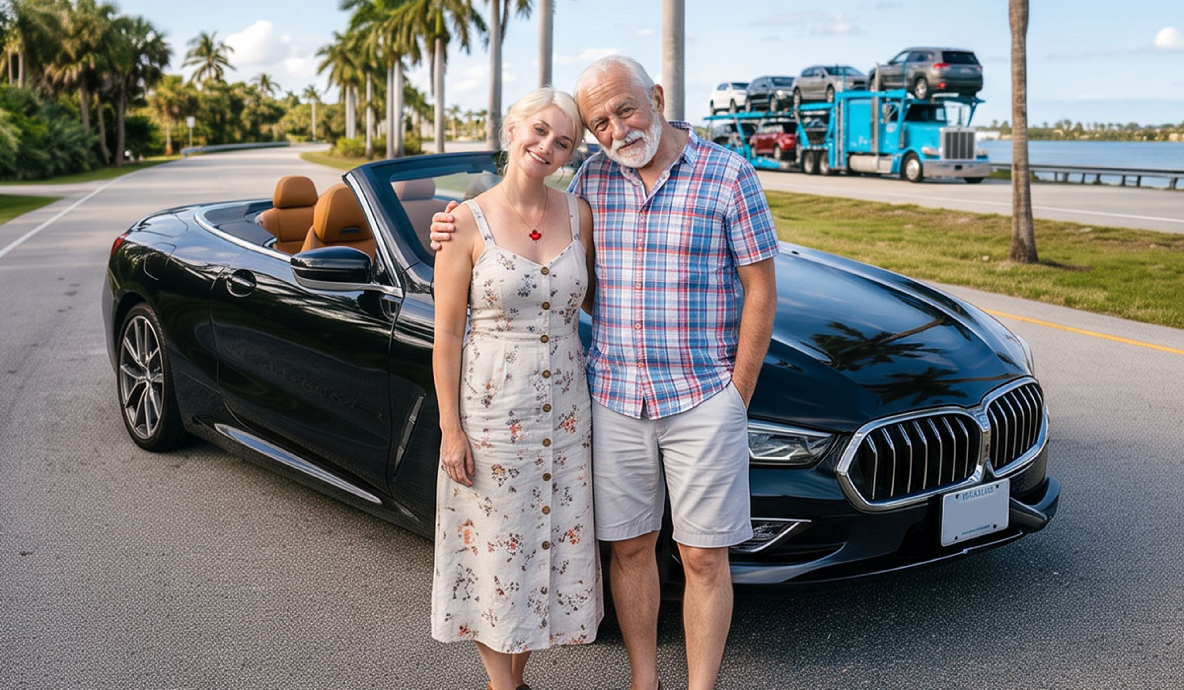 Older couple standing beside a glossy black convertible on a palm-lined road near the water.