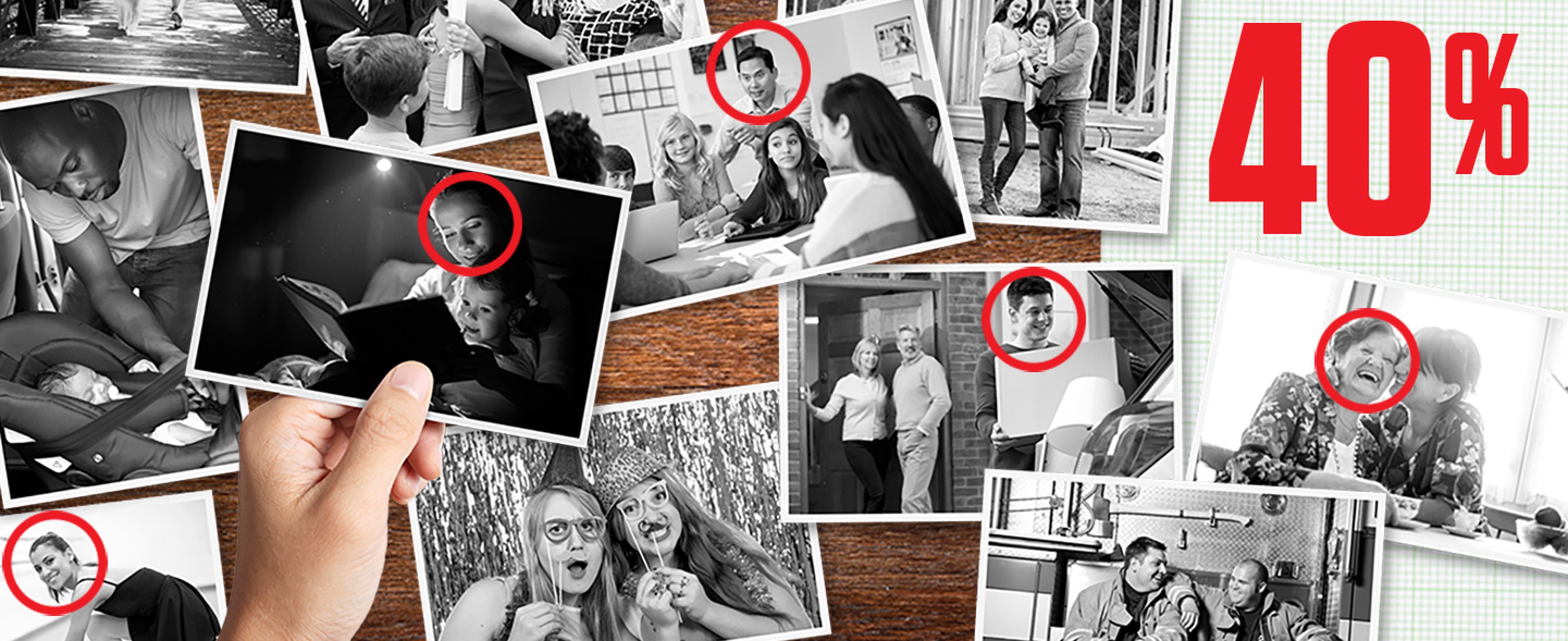 Black and white photographs on corkboard with faces circled in red