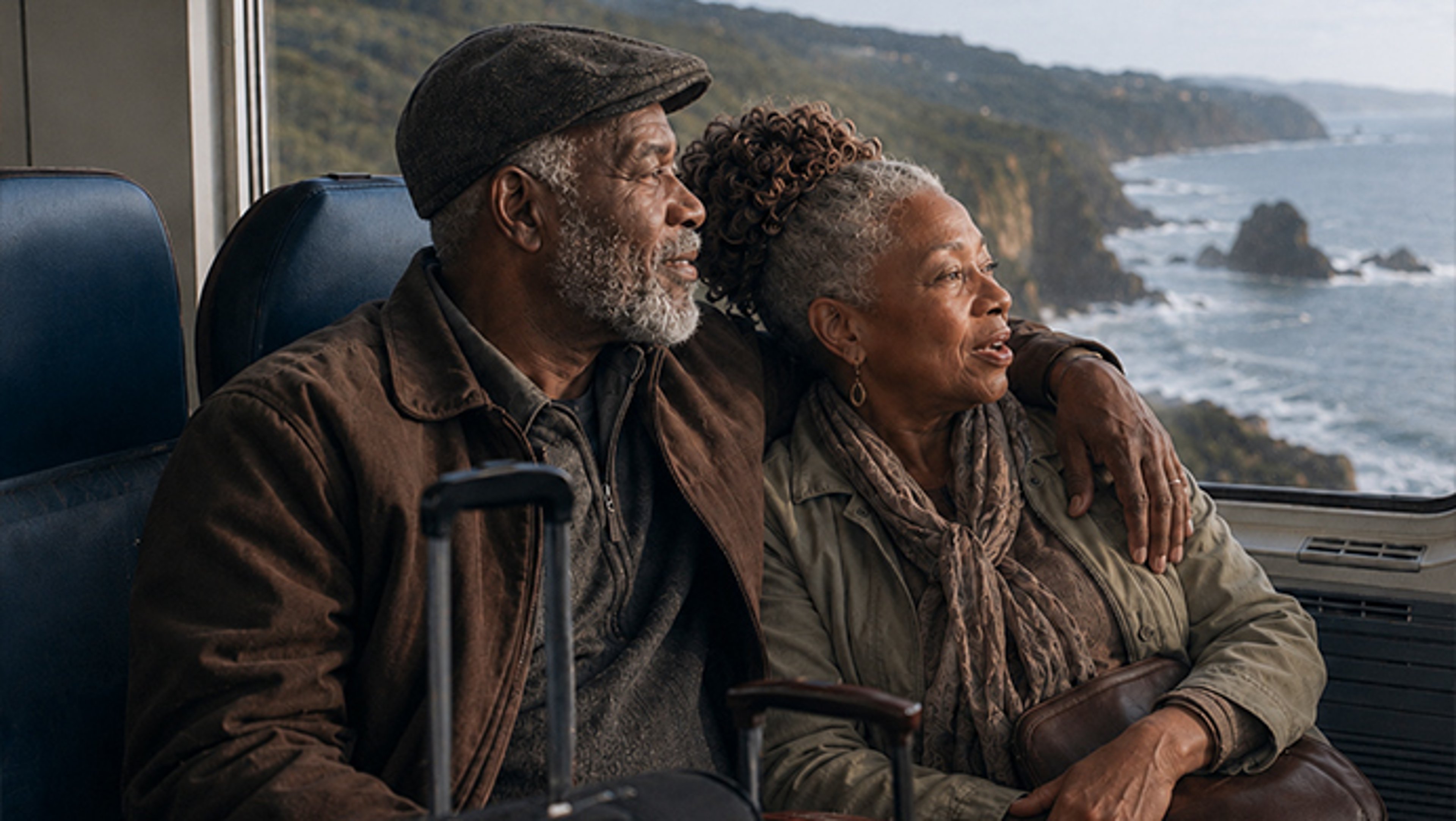 Elderly couple sitting on a train, looking out the window at a scenic coastline. The man is wearing a dark cap and a brown coat, while the woman, with gray curly hair, wears a light scarf and a green jacket.