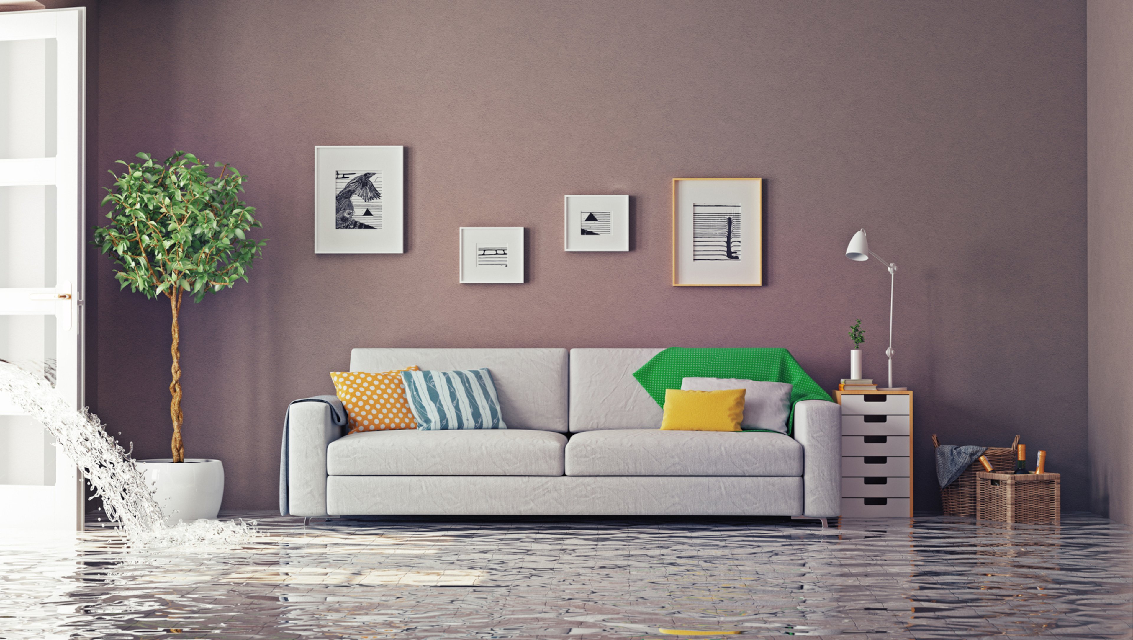 Luxurious living room with flood water pouring in through side door