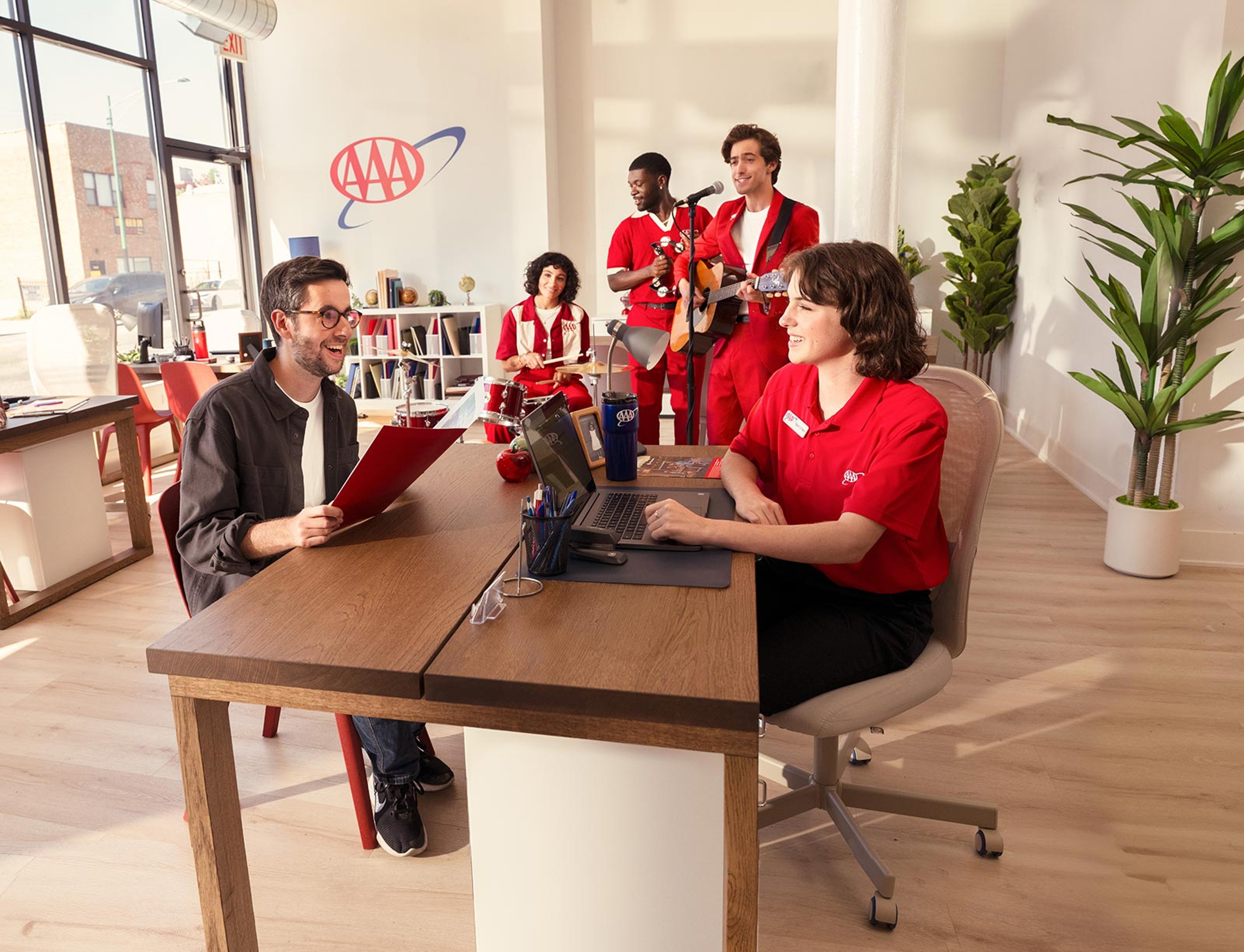 AAA office with band playing in the background