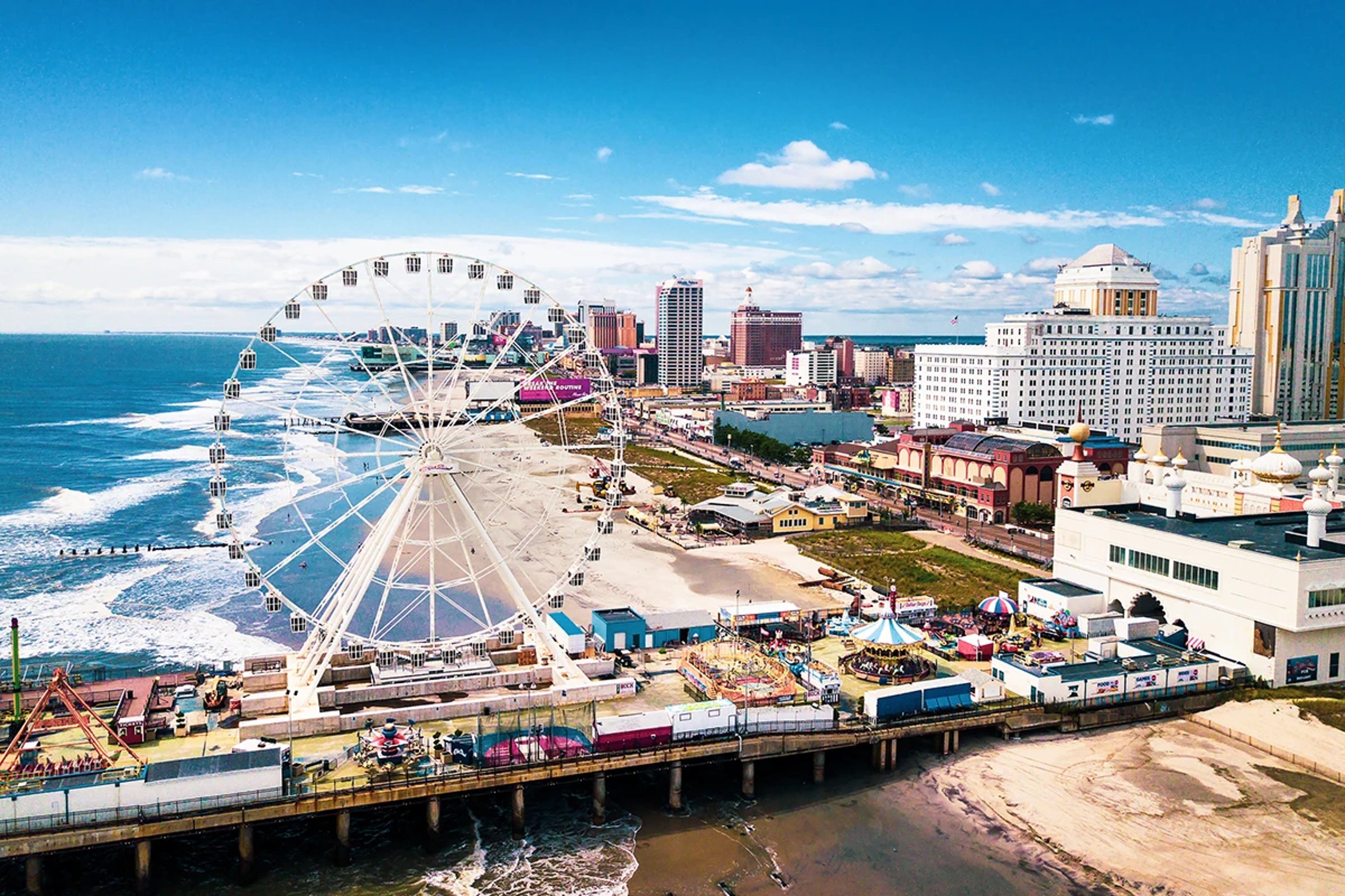 Aerial view of Atlantic City boardwalk with Ferris wheel