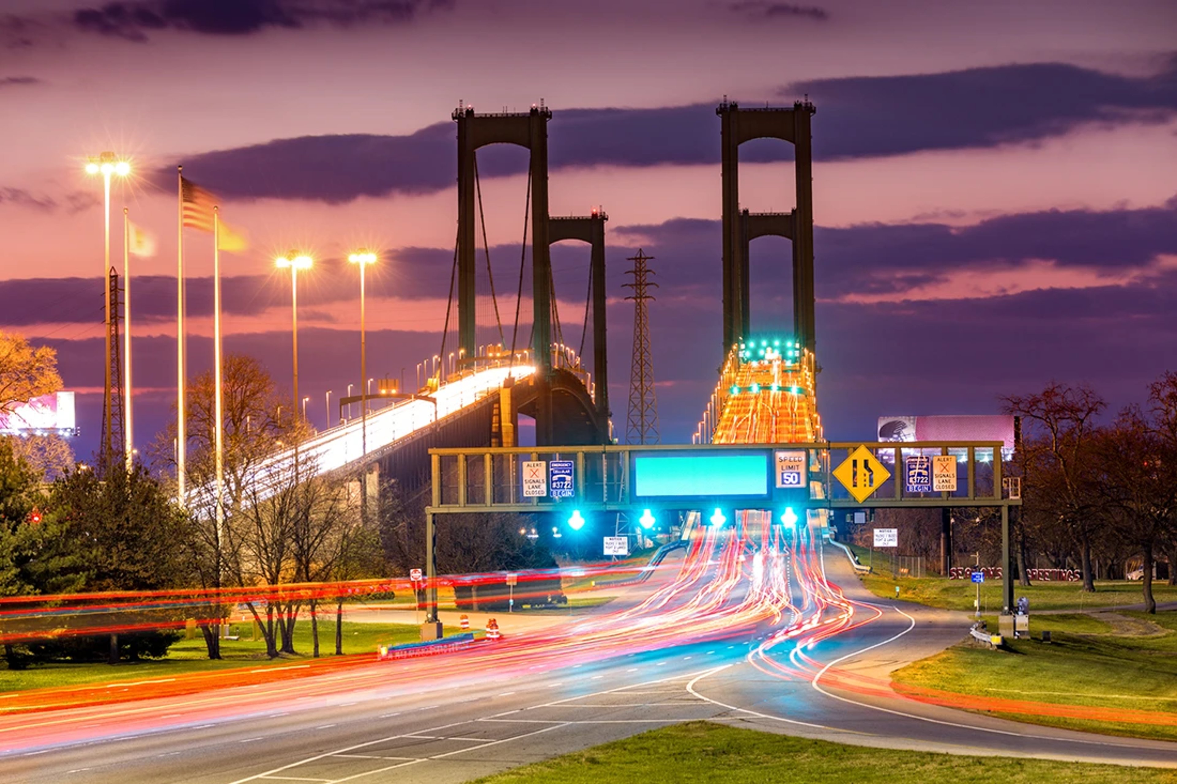Delaware Memorial Bridge at night from New Jersey
