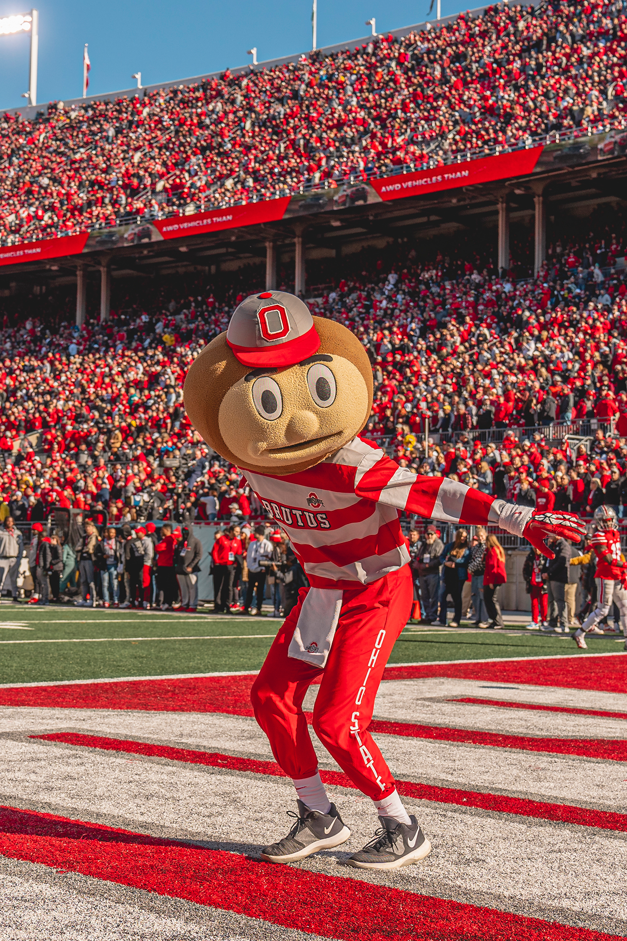Ohio State Buckeyes mascot dancing in end zone of football field