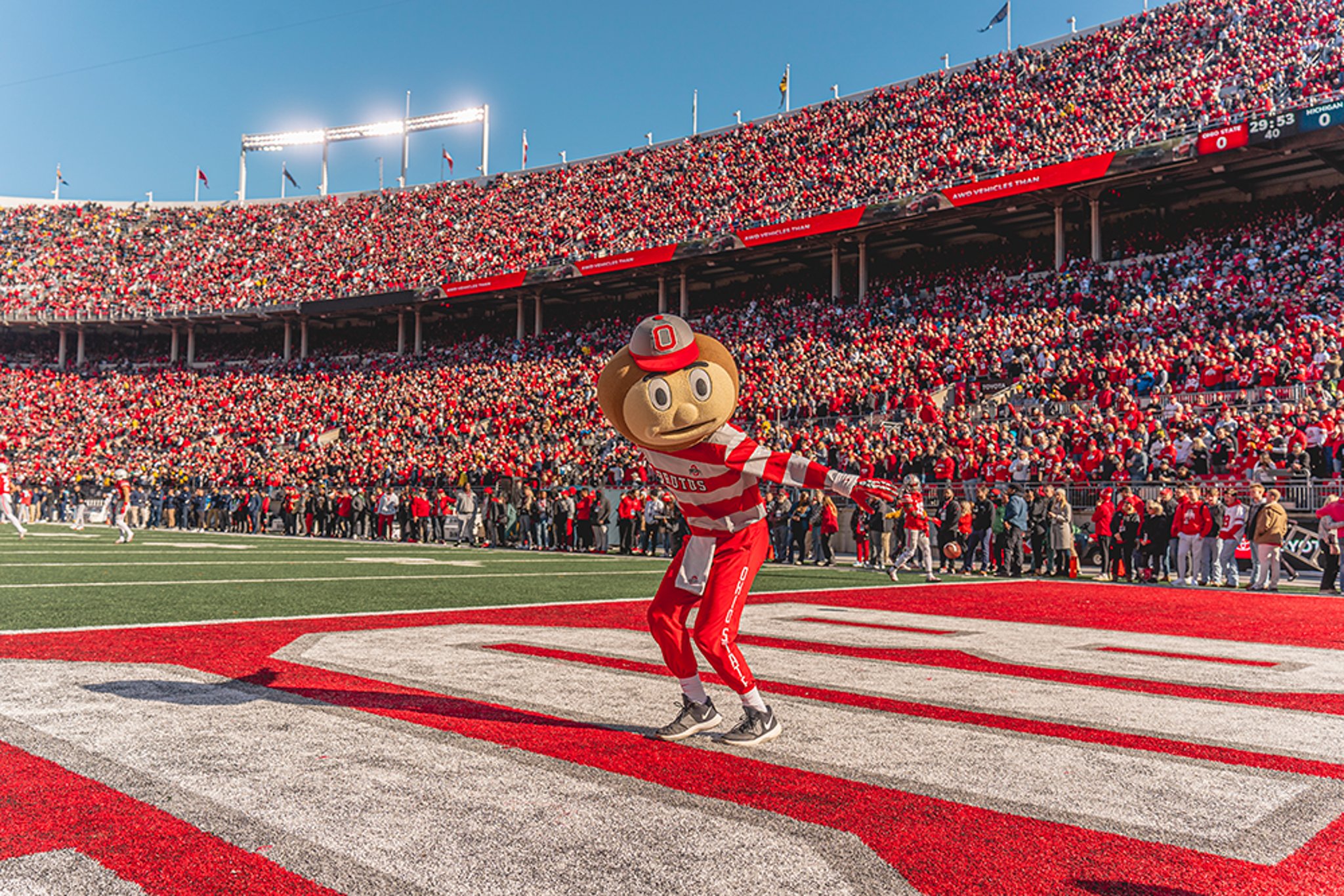 Ohio State Buckeyes mascot dancing in end zone of football field