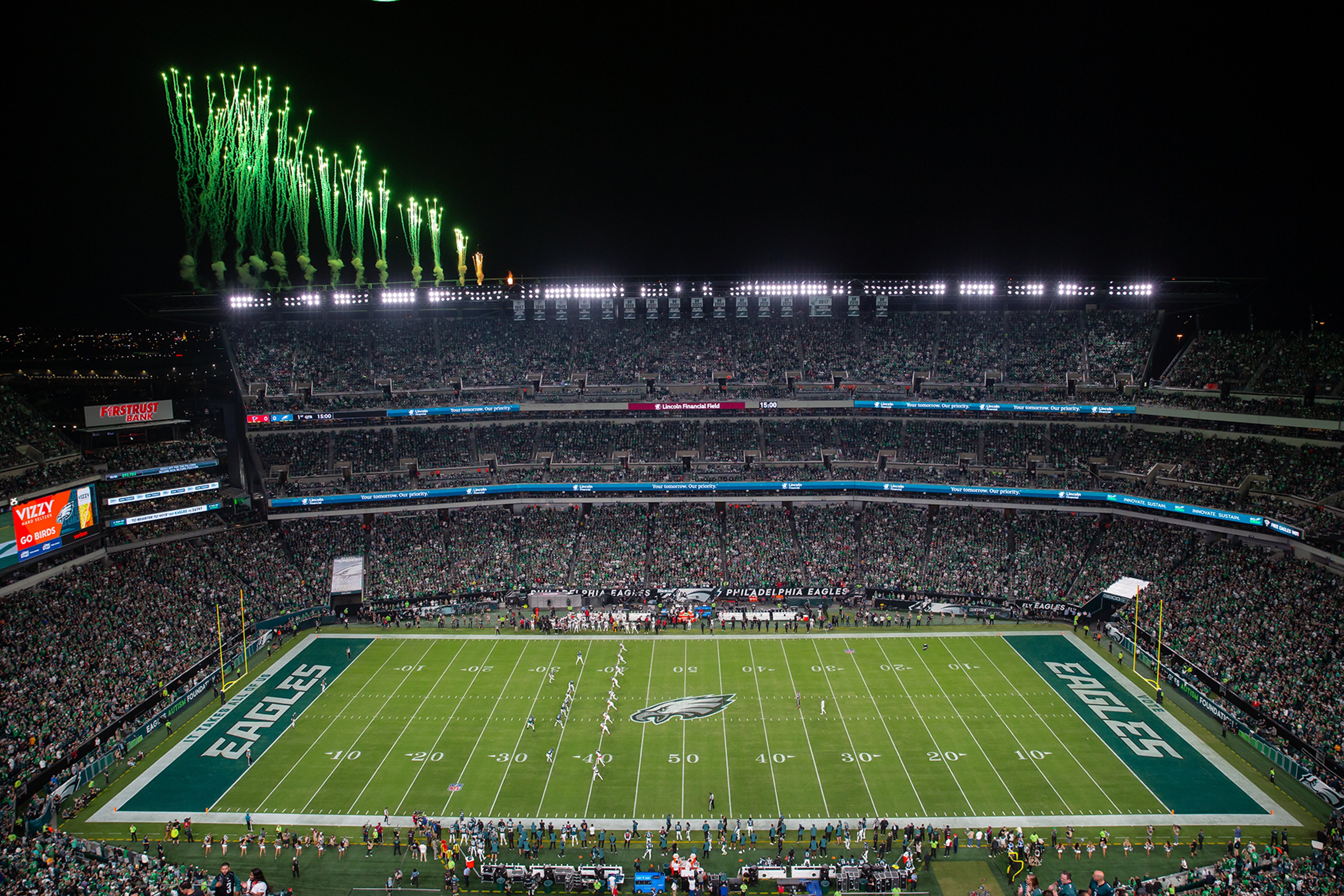 Lincoln Financial Field the home of the Philadelphia Eagles from an overhead view with green fireworks shooting in the air after an Eagles score