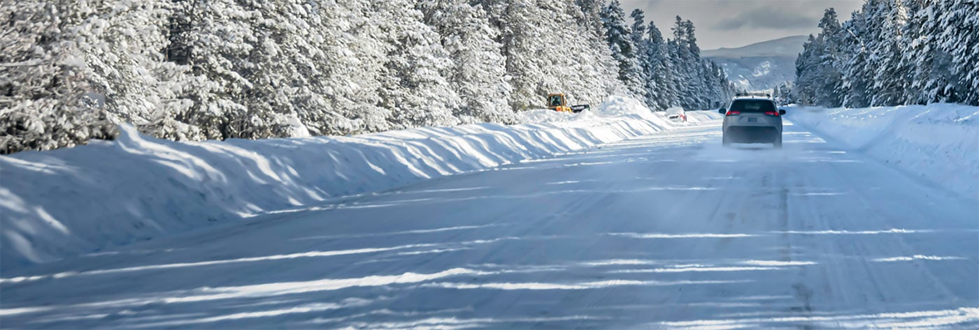 A car drives on a snow-covered road lined with snow-laden trees on an overcast day