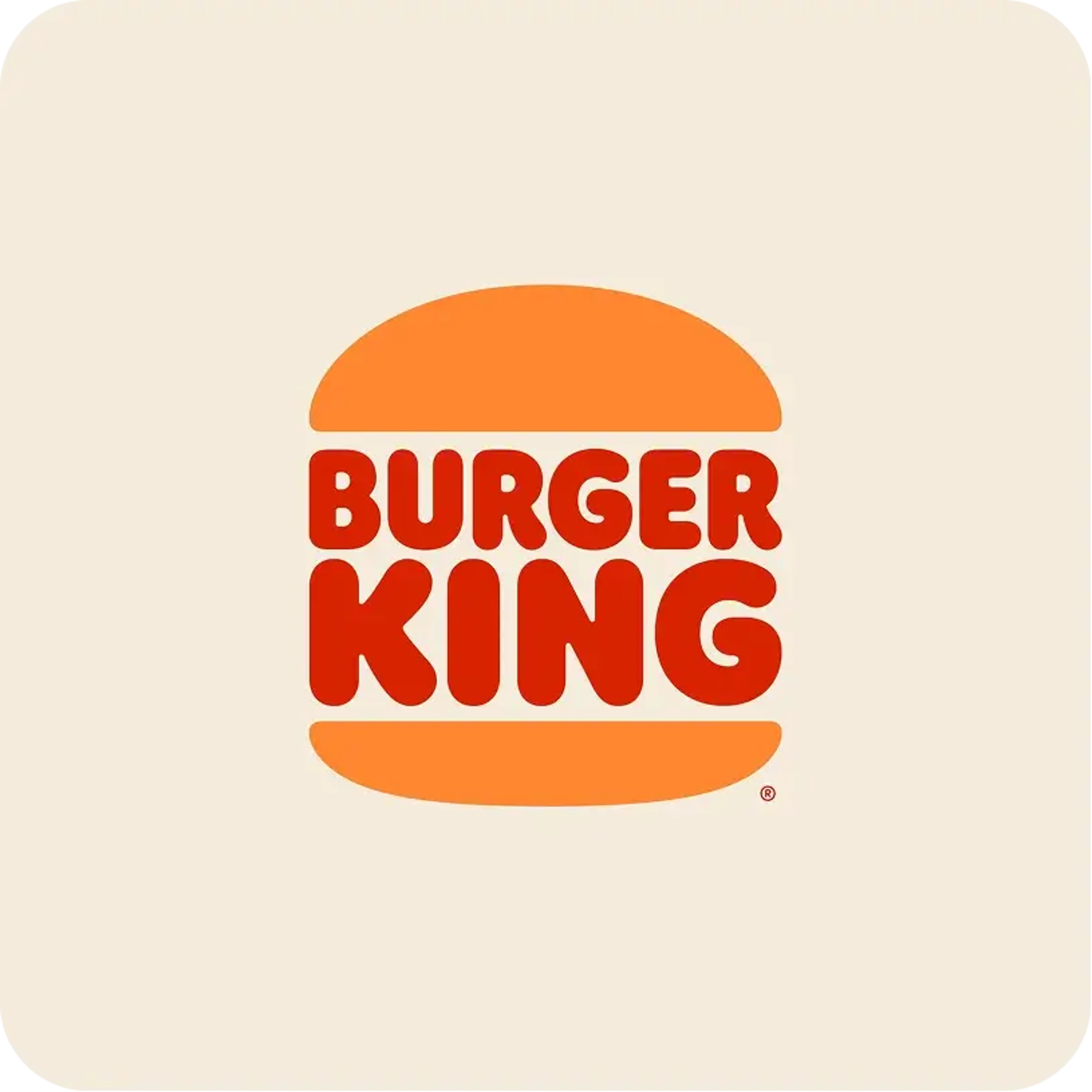 Burger King logo featuring red bold lettering sandwiched between two orange stylized burger bun halves on a light cream background.