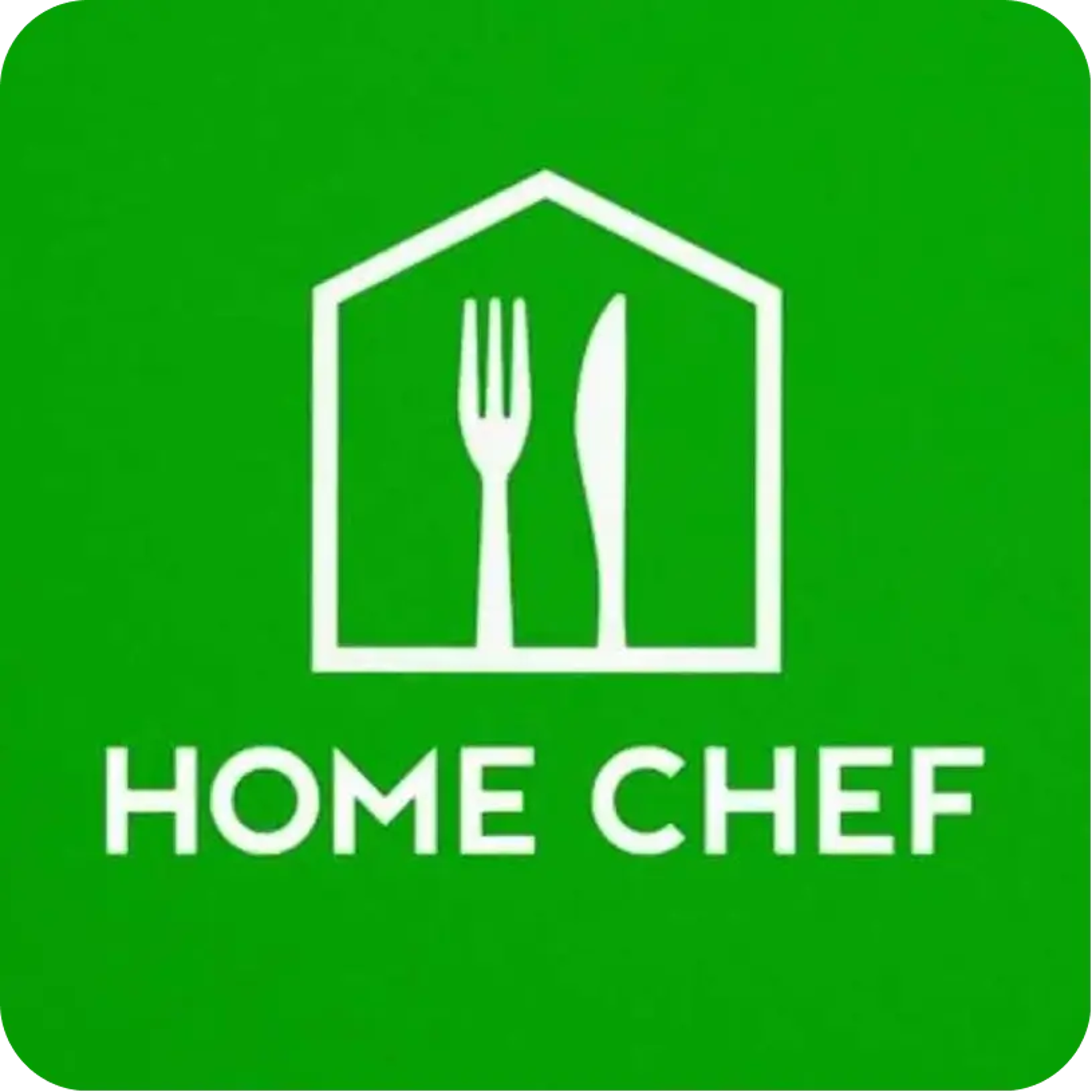 Home Chef logo on a bright green background, featuring a white outline of a house containing a fork and knife silhouette above the text "HOME CHEF".