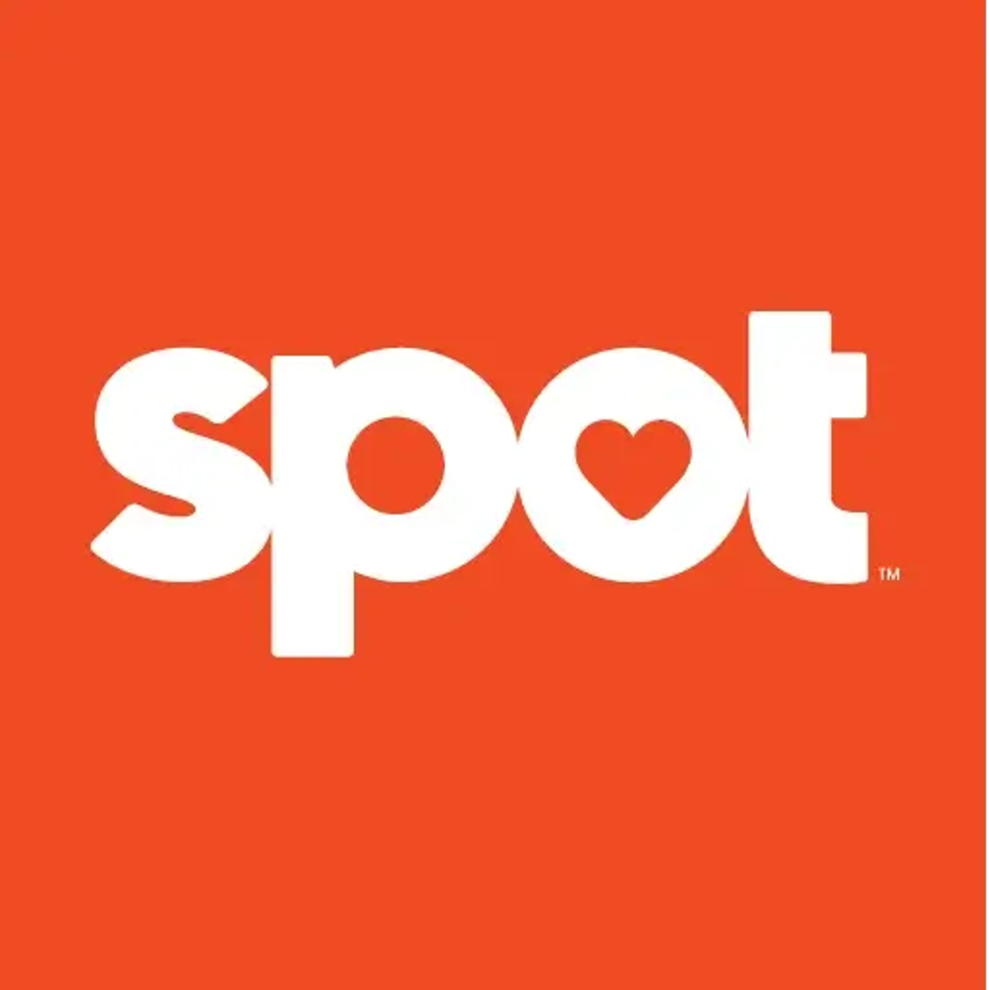 Spot logo featuring white lowercase text "spot" with a heart shape inside the letter "o", set on a bright orange square background.
