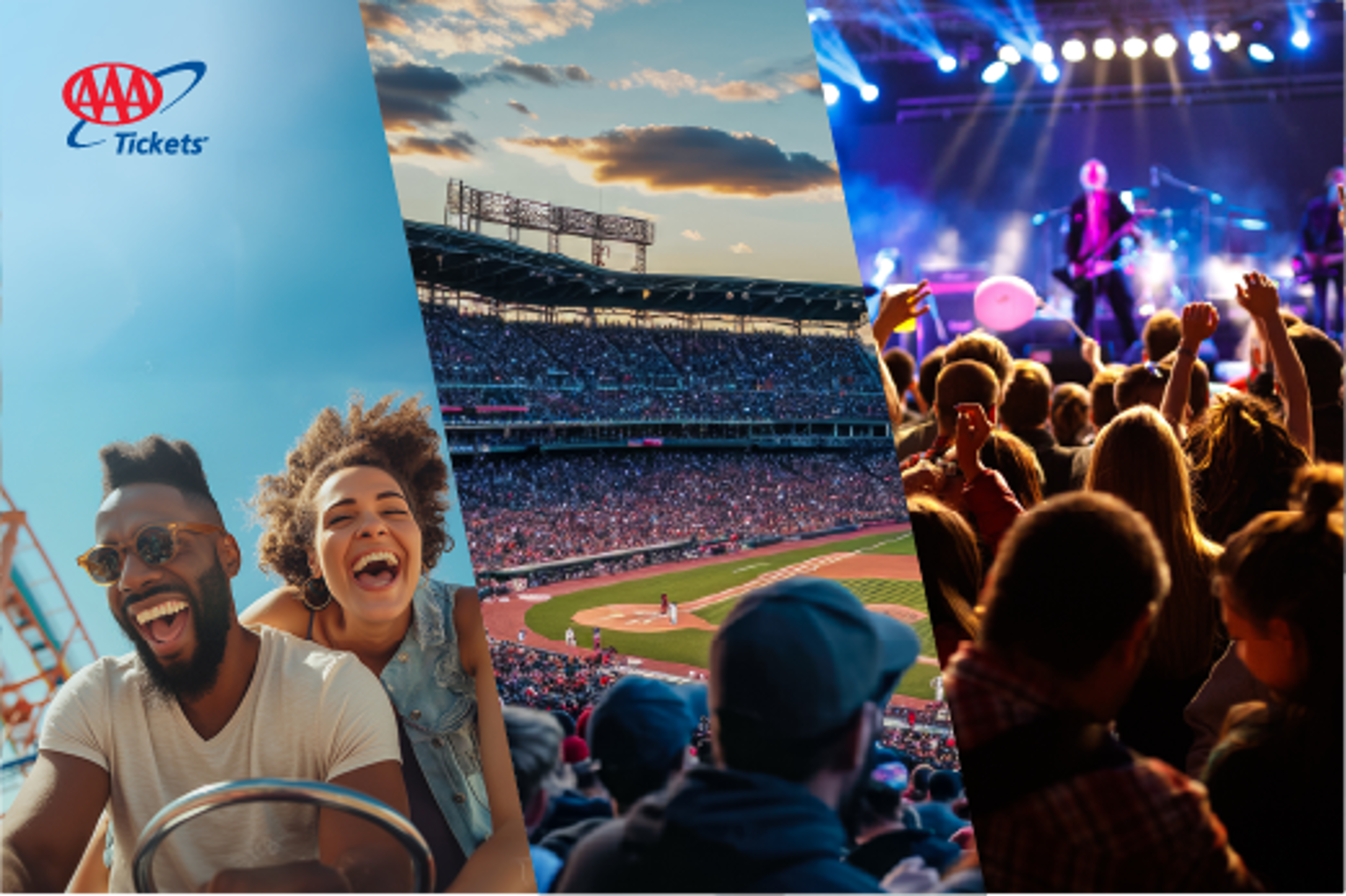 Image collage of a couple on a roller coaster, view of a baseball field from the stands, and a concert stage from a crowd view, with a AAA Tickets logo on the image