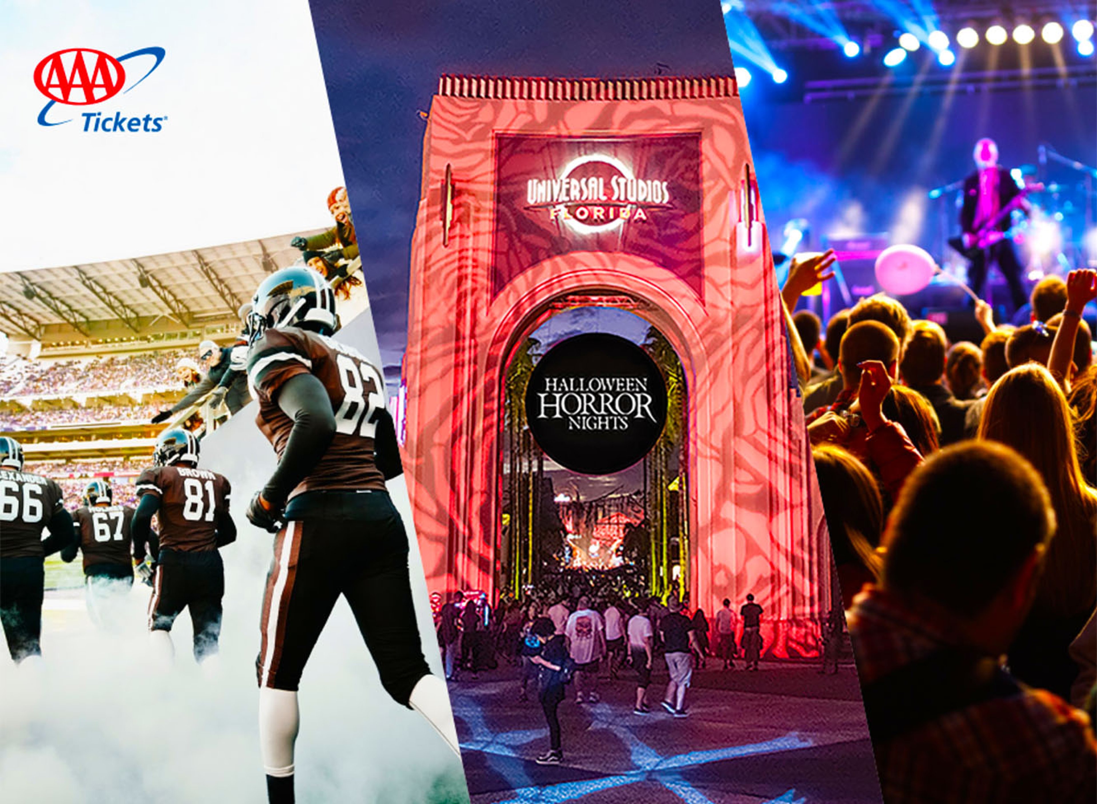 Image collage of players entering football field, view of Halloween Horror Nights event at Universal Studios, and a concert stage from a crowd view, with a AAA Tickets logo on the image