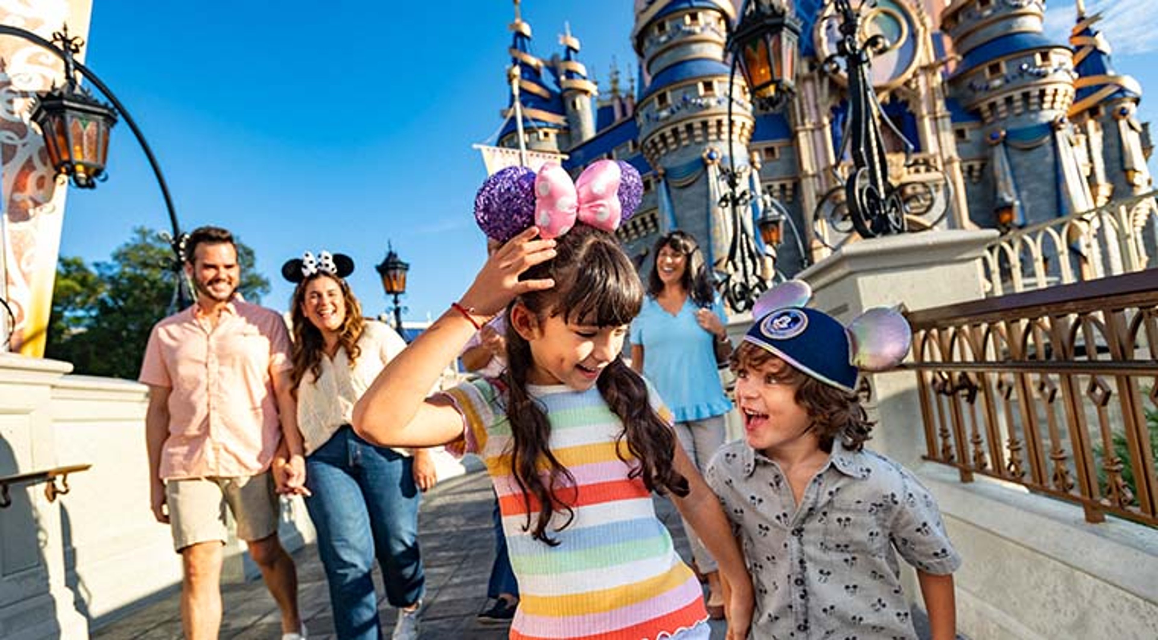 Happy young children and parents in front of Disney's Magic Kingdom