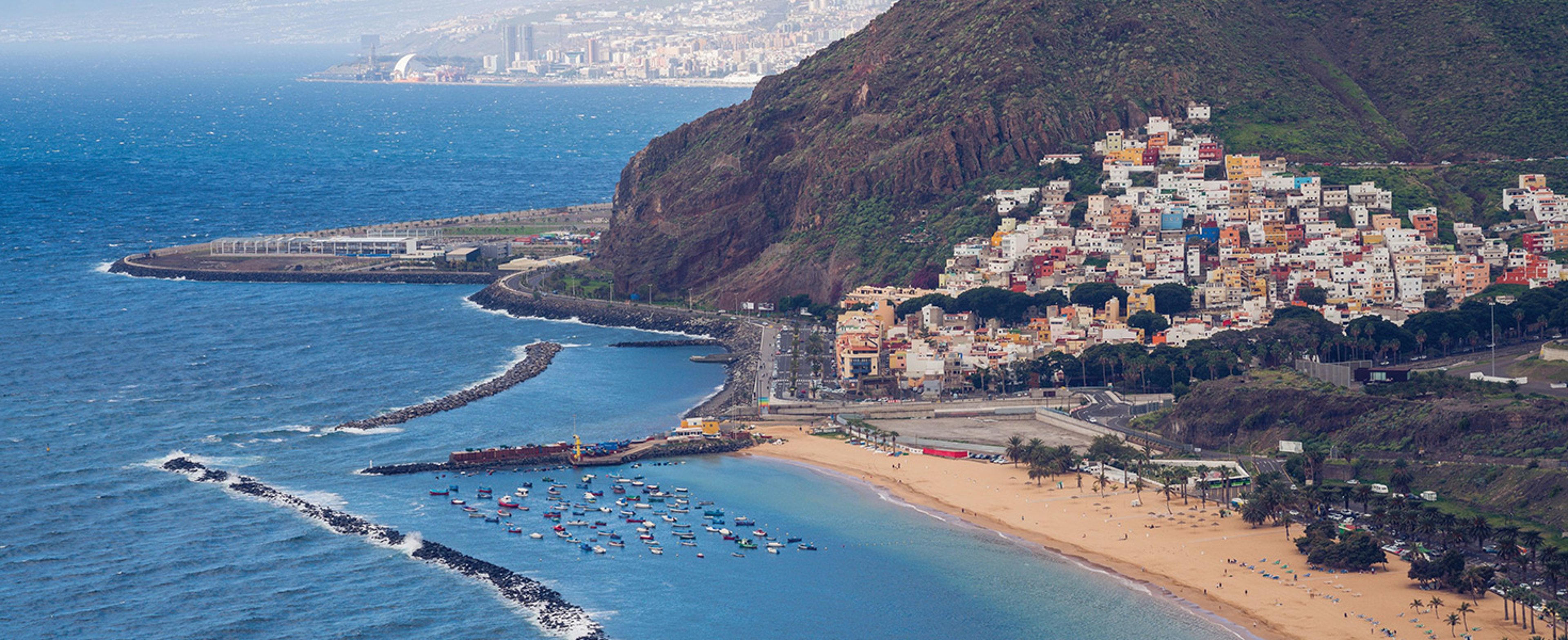 This image shows Playa de las Teresitas beach next to the village of San Andrés in Tenerife, Canary Islands, Spain