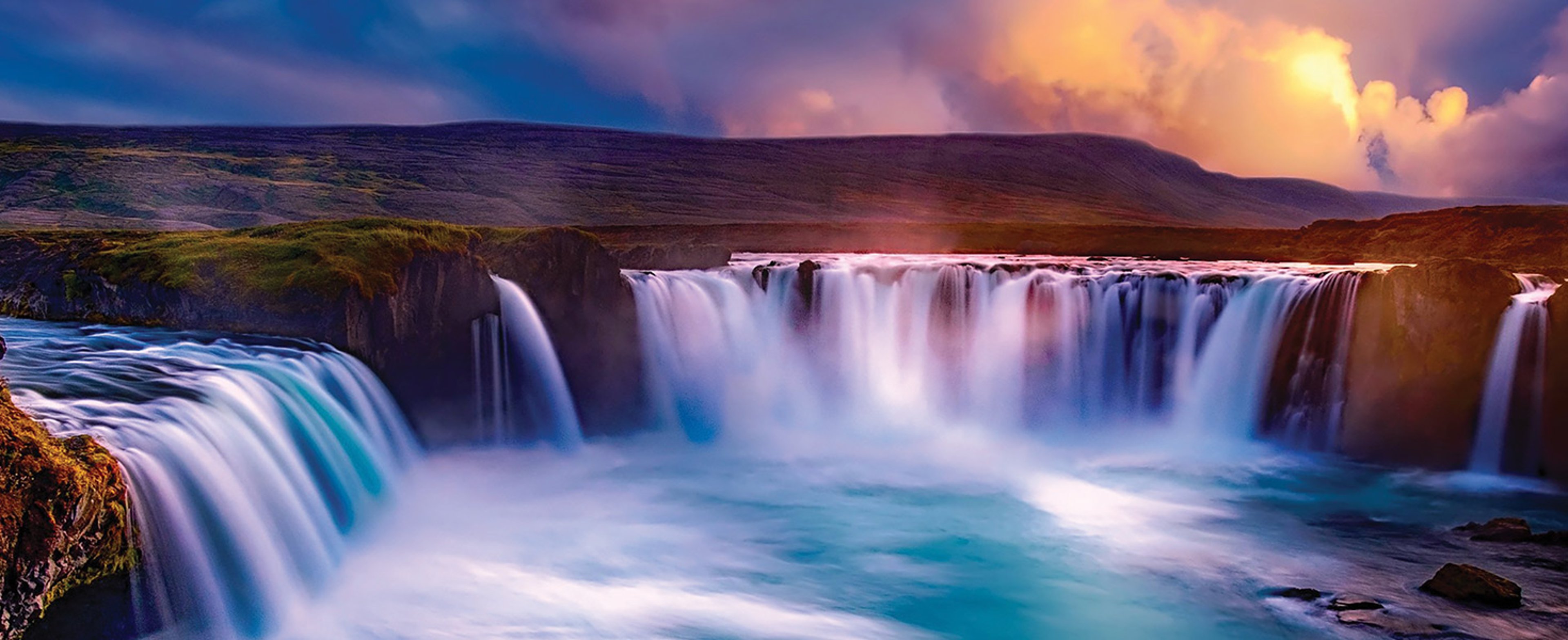This image shows the majestic Goðafoss waterfall in northern Iceland.