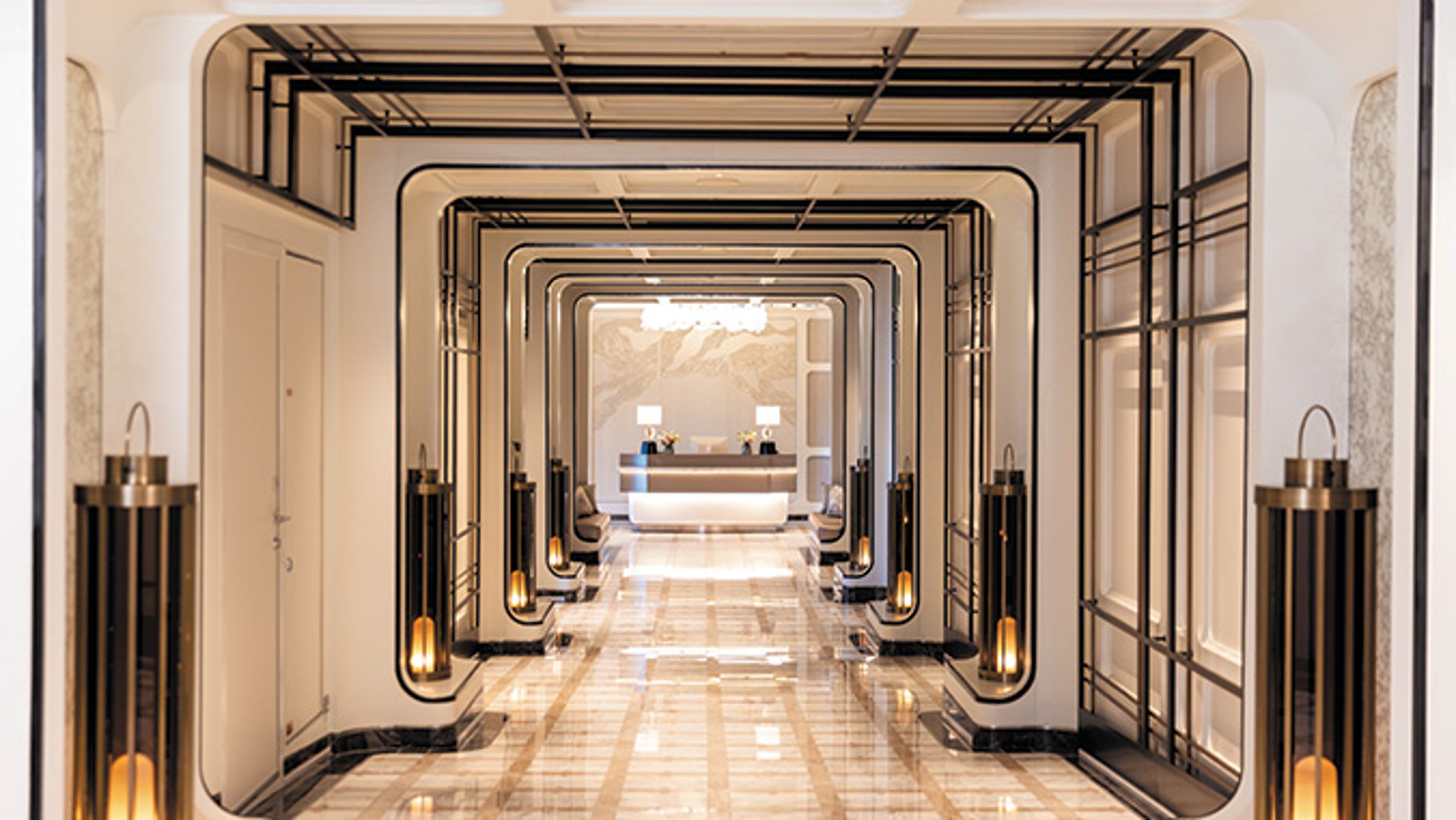 Luxurious white interior of Regent Seven Seas Grandeur cruise ship