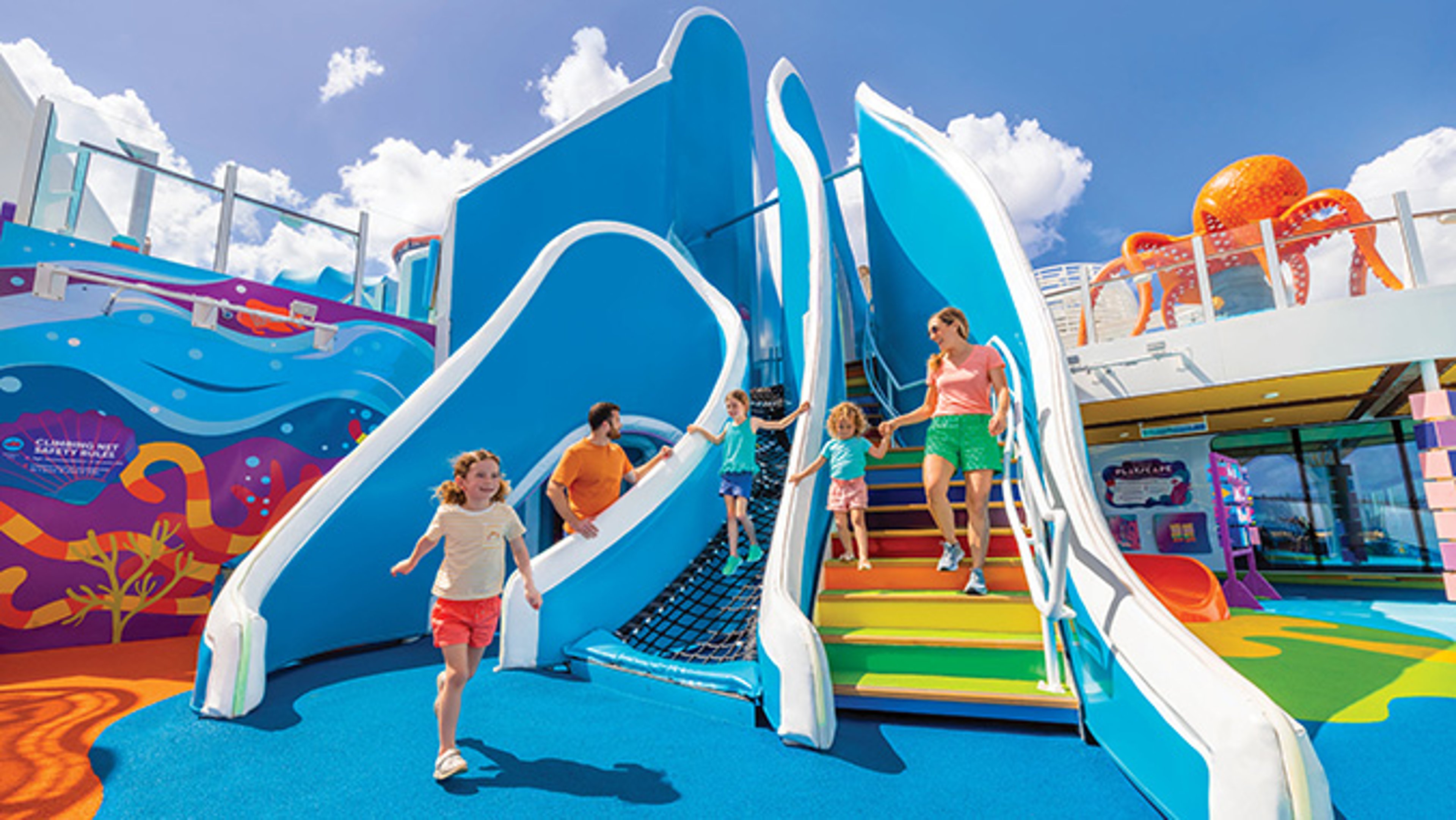 Family with two children playing in colorful playground aboard the Wonder of the Seas Royal Caribbean cruise ship
