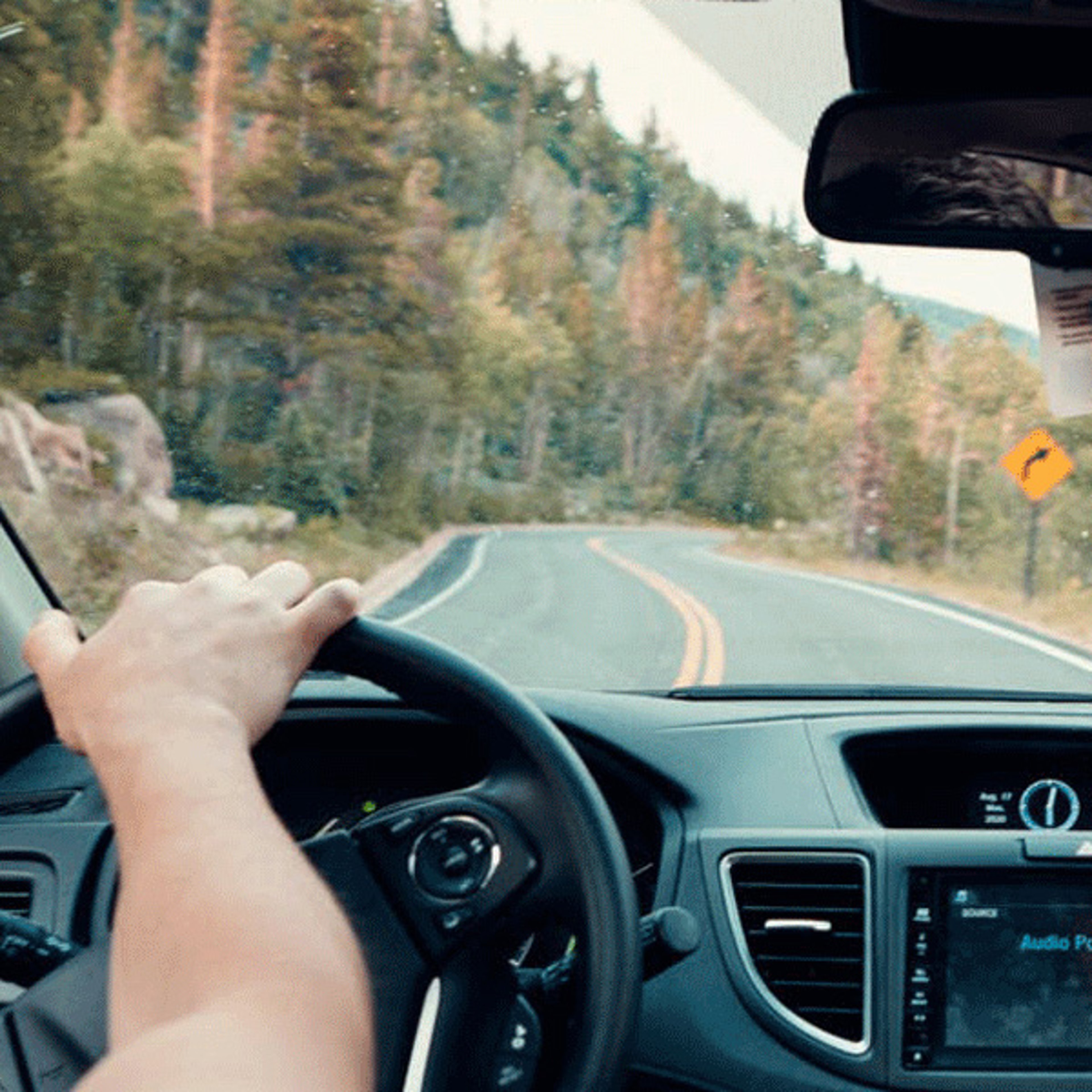 Man's hand on steering wheel of vehicle with view through windshield of tree-lined mountain road